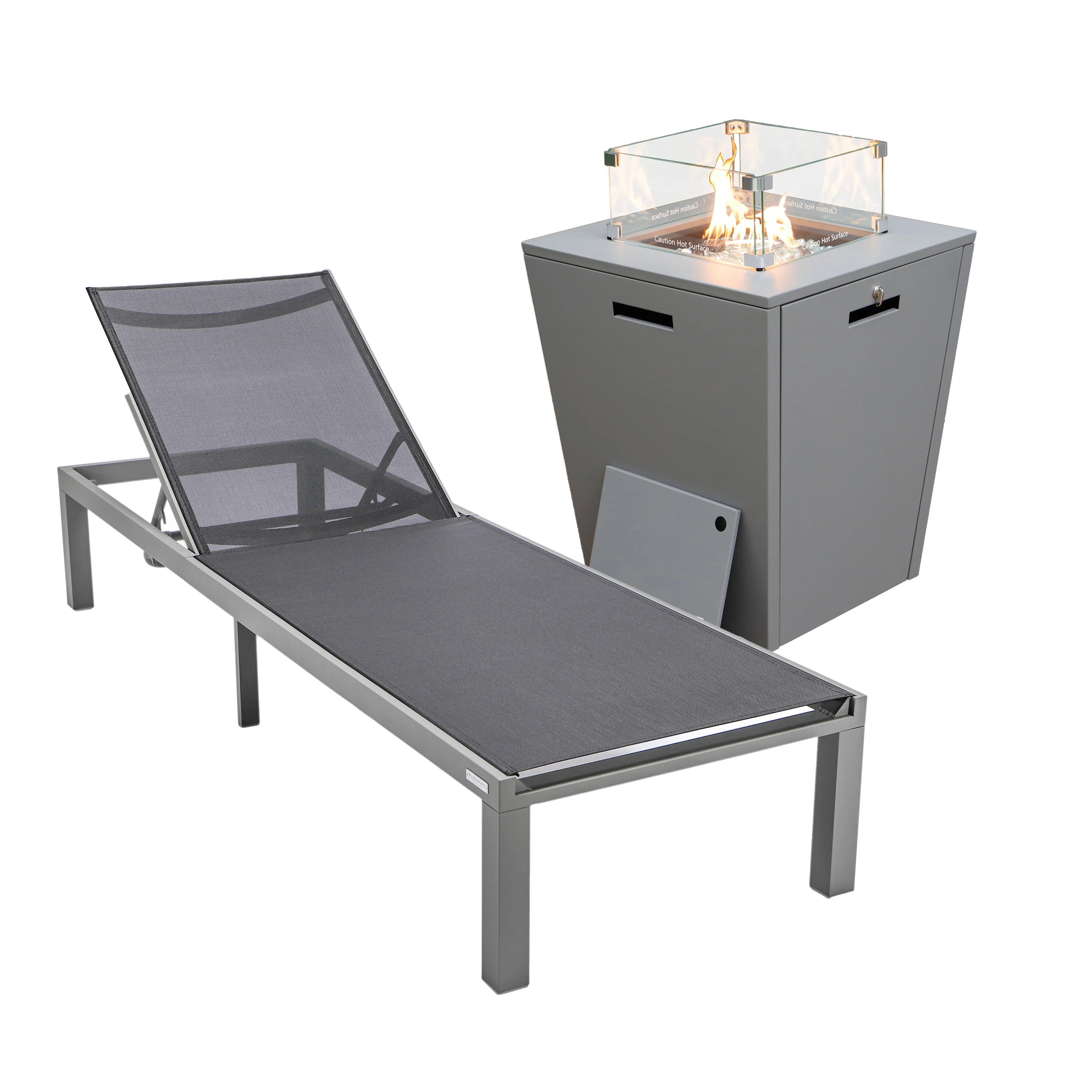 Marlin Modern Grey Aluminum Outdoor Patio Chaise Lounge Chair with Square Fire Pit Side Table Perfect for Patio, Lawn, and Garden