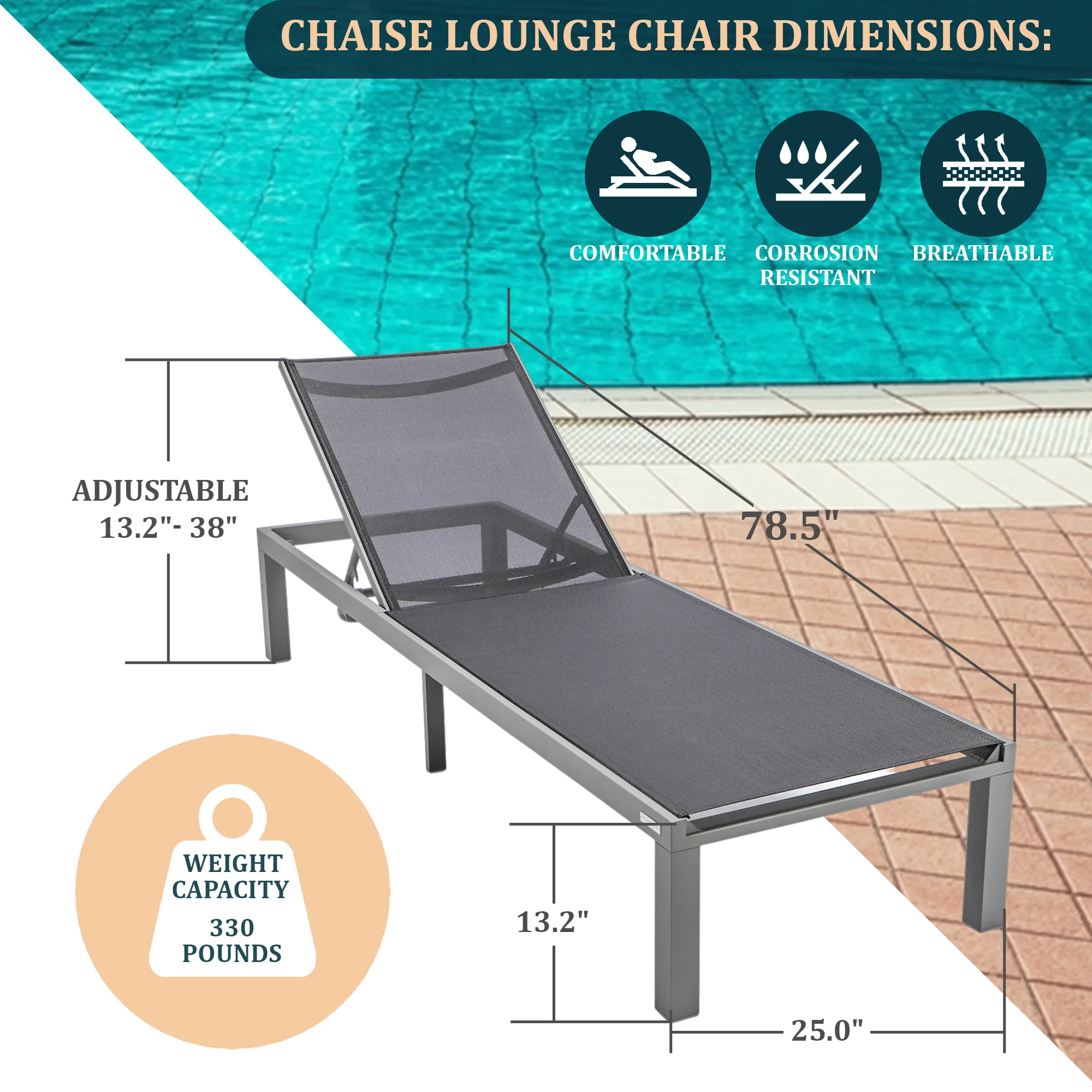 Marlin Modern Grey Aluminum Outdoor Patio Chaise Lounge Chair with Square Fire Pit Side Table Perfect for Patio, Lawn, and Garden