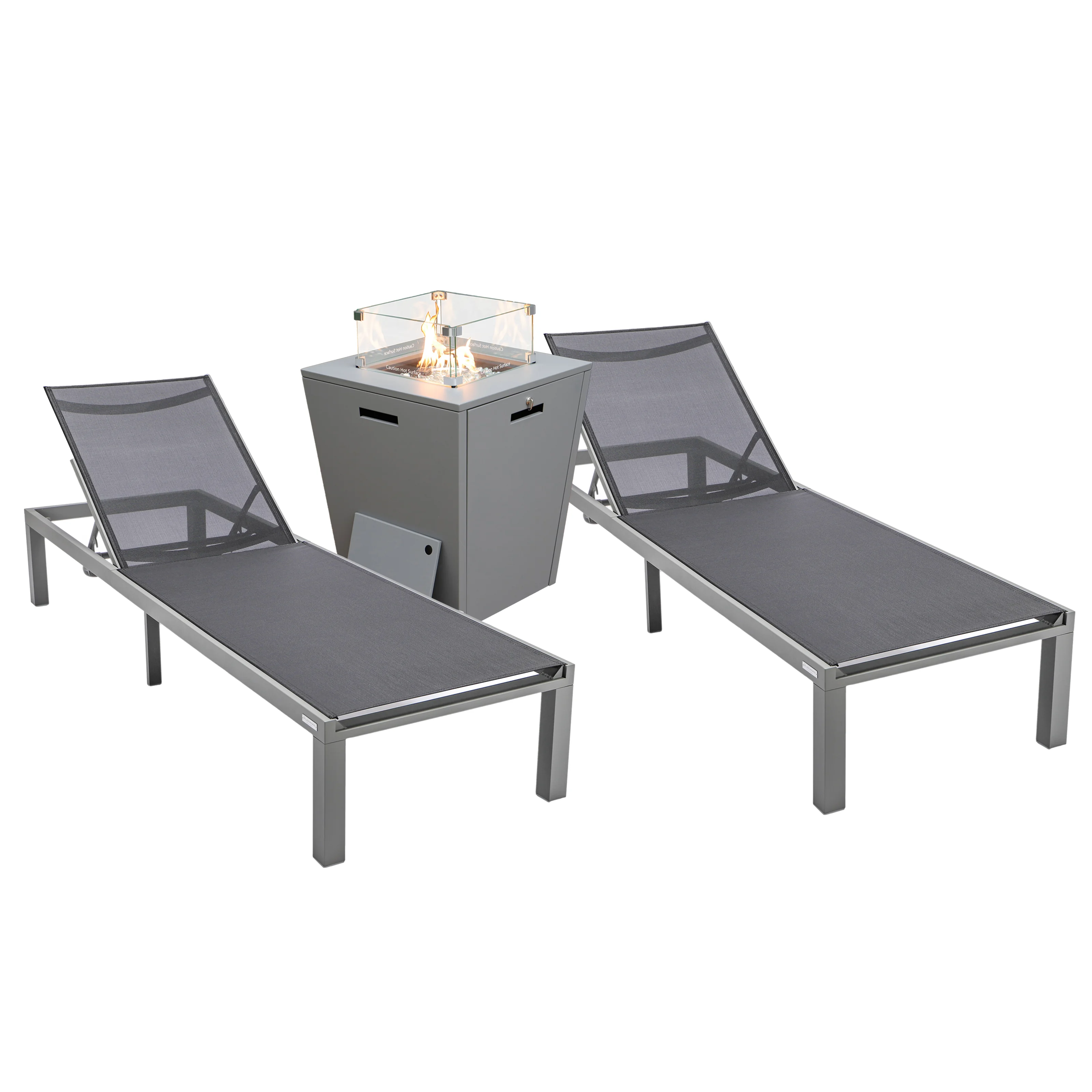 Marlin Modern Aluminum Outdoor Patio Chaise Lounge Chair Set of 2 with Square Fire Pit Side Table Perfect for Patio, Lawn, and Garden