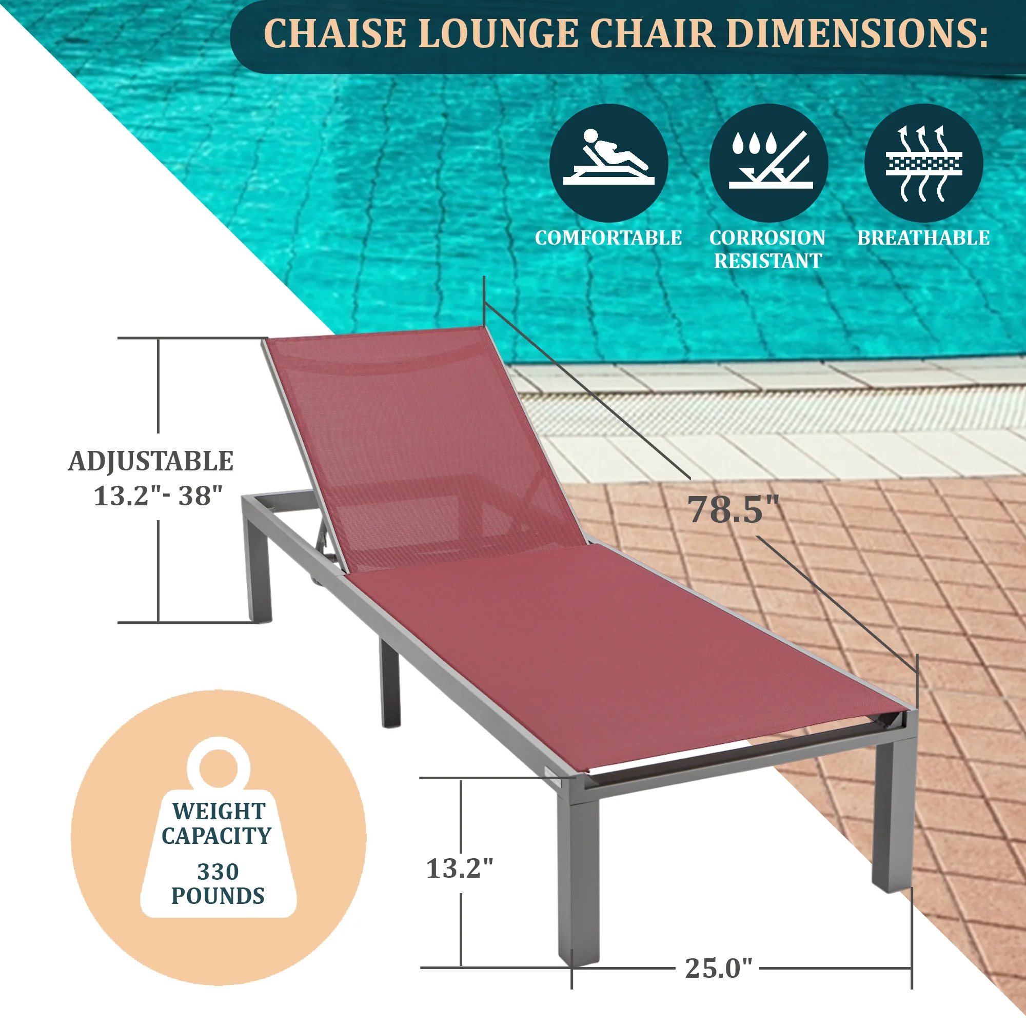 Marlin Modern Grey Aluminum Outdoor Patio Chaise Lounge Chair with Square Fire Pit Side Table Perfect for Patio, Lawn, and Garden