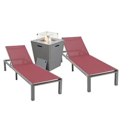 Marlin Modern Aluminum Outdoor Patio Chaise Lounge Chair Set of 2 with Square Fire Pit Side Table Perfect for Patio, Lawn, and Garden