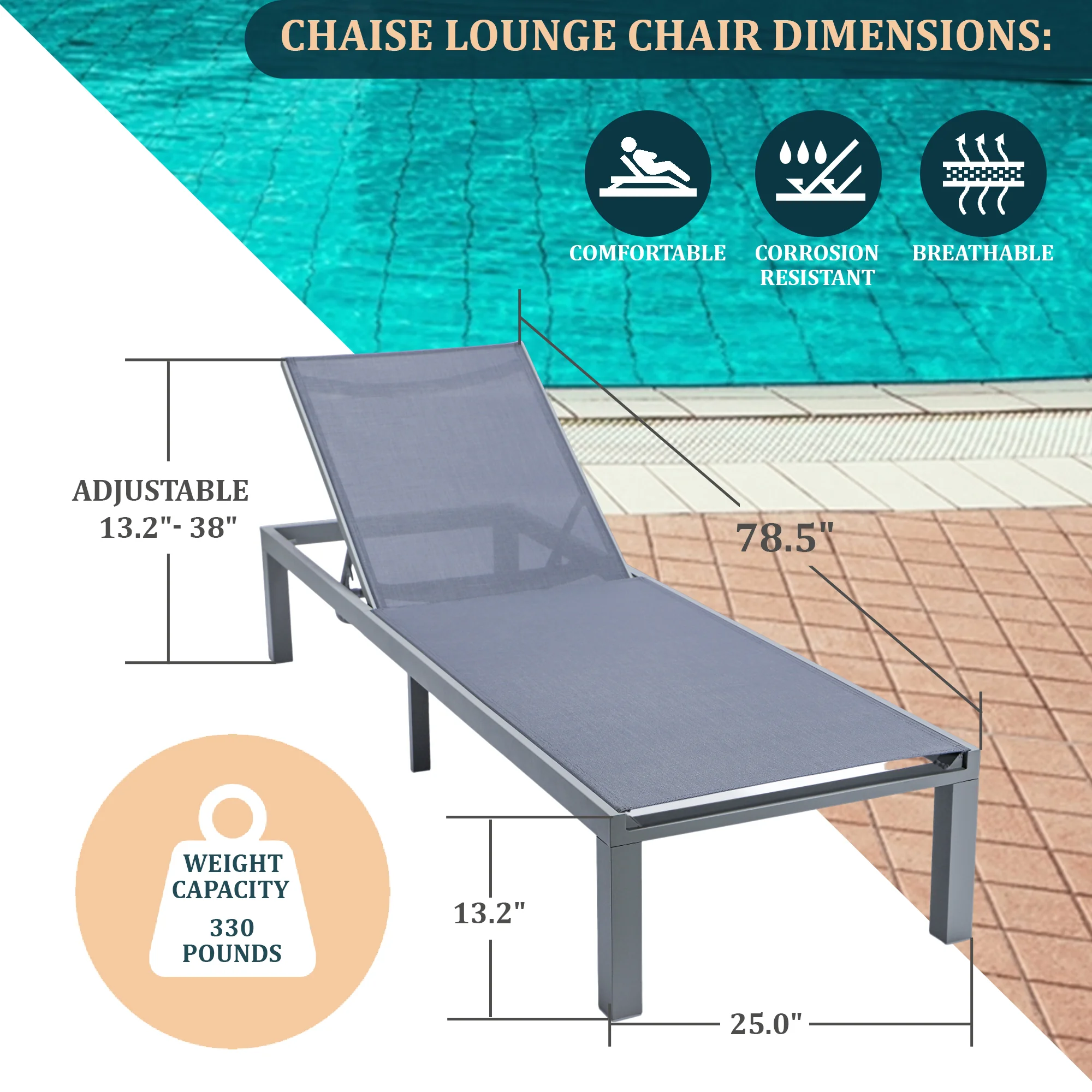 Marlin Modern Grey Aluminum Outdoor Patio Chaise Lounge Chair with Square Fire Pit Side Table Perfect for Patio, Lawn, and Garden