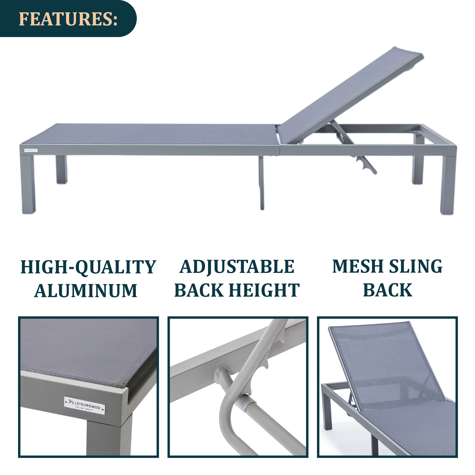 Marlin Modern Grey Aluminum Outdoor Patio Chaise Lounge Chair with Square Fire Pit Side Table Perfect for Patio, Lawn, and Garden