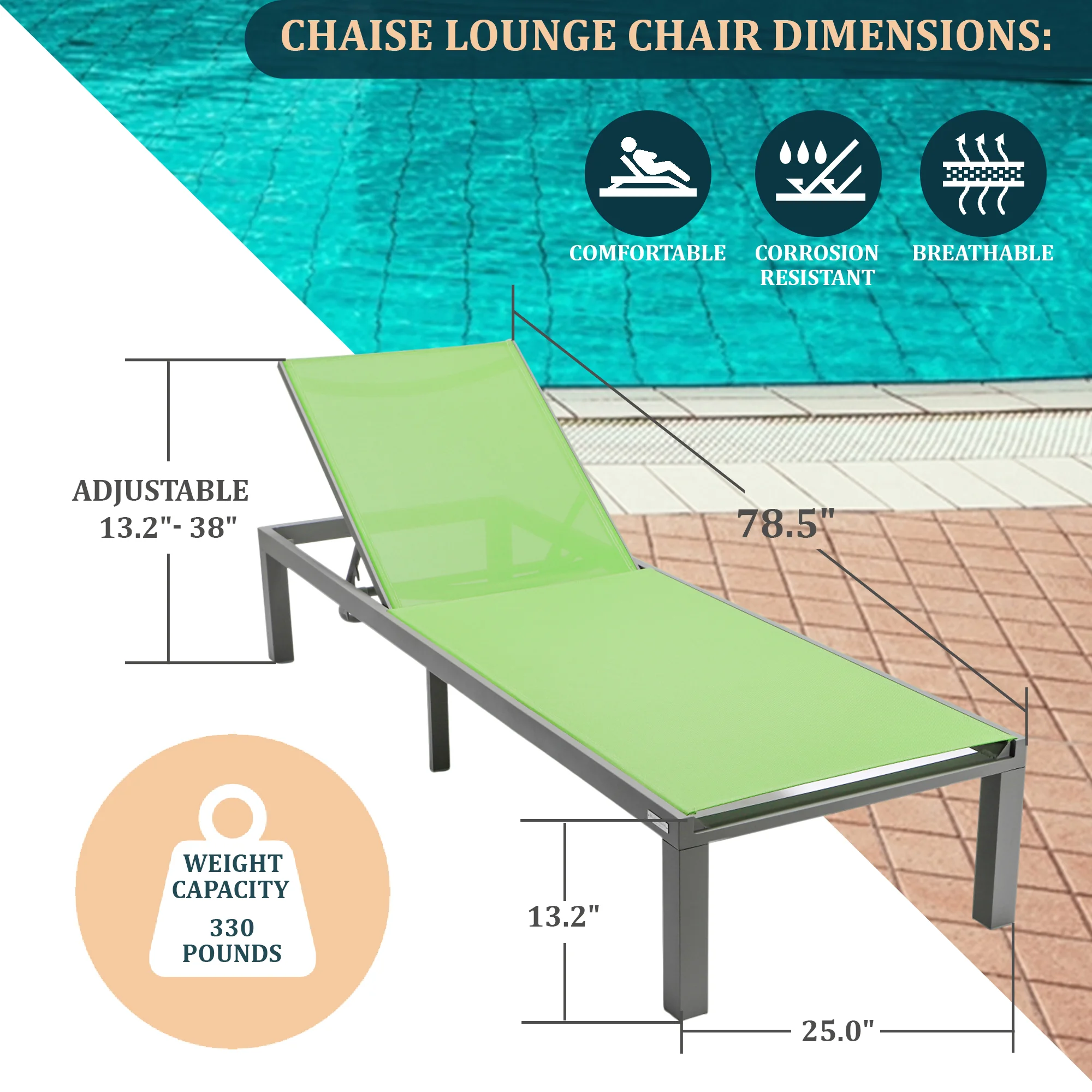 Marlin Modern Grey Aluminum Outdoor Patio Chaise Lounge Chair with Square Fire Pit Side Table Perfect for Patio, Lawn, and Garden