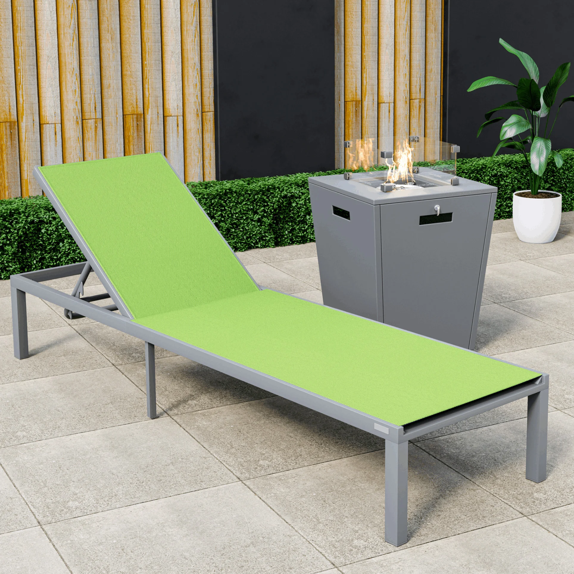 Marlin Modern Grey Aluminum Outdoor Patio Chaise Lounge Chair with Square Fire Pit Side Table Perfect for Patio, Lawn, and Garden