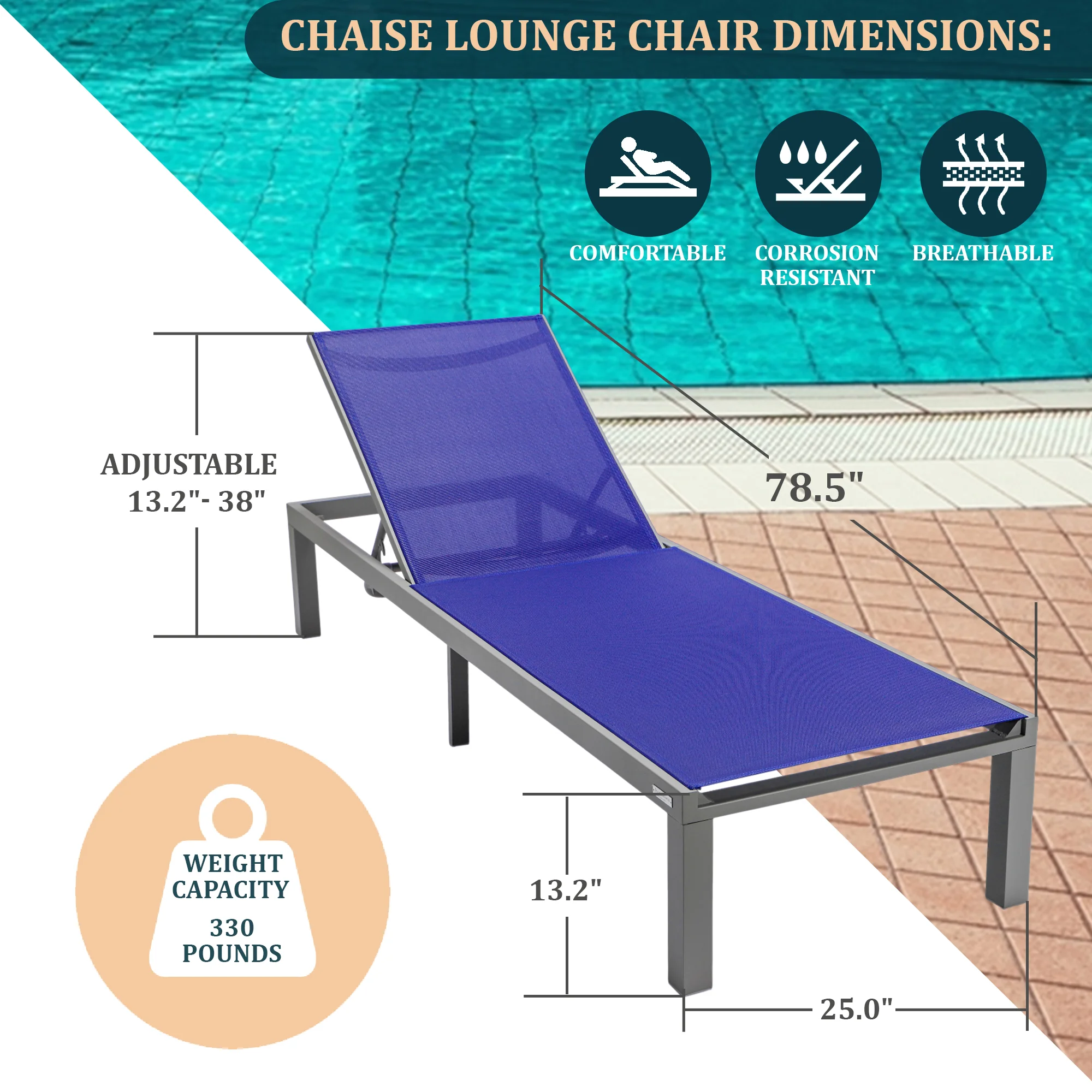 Marlin Modern Grey Aluminum Outdoor Patio Chaise Lounge Chair with Square Fire Pit Side Table Perfect for Patio, Lawn, and Garden
