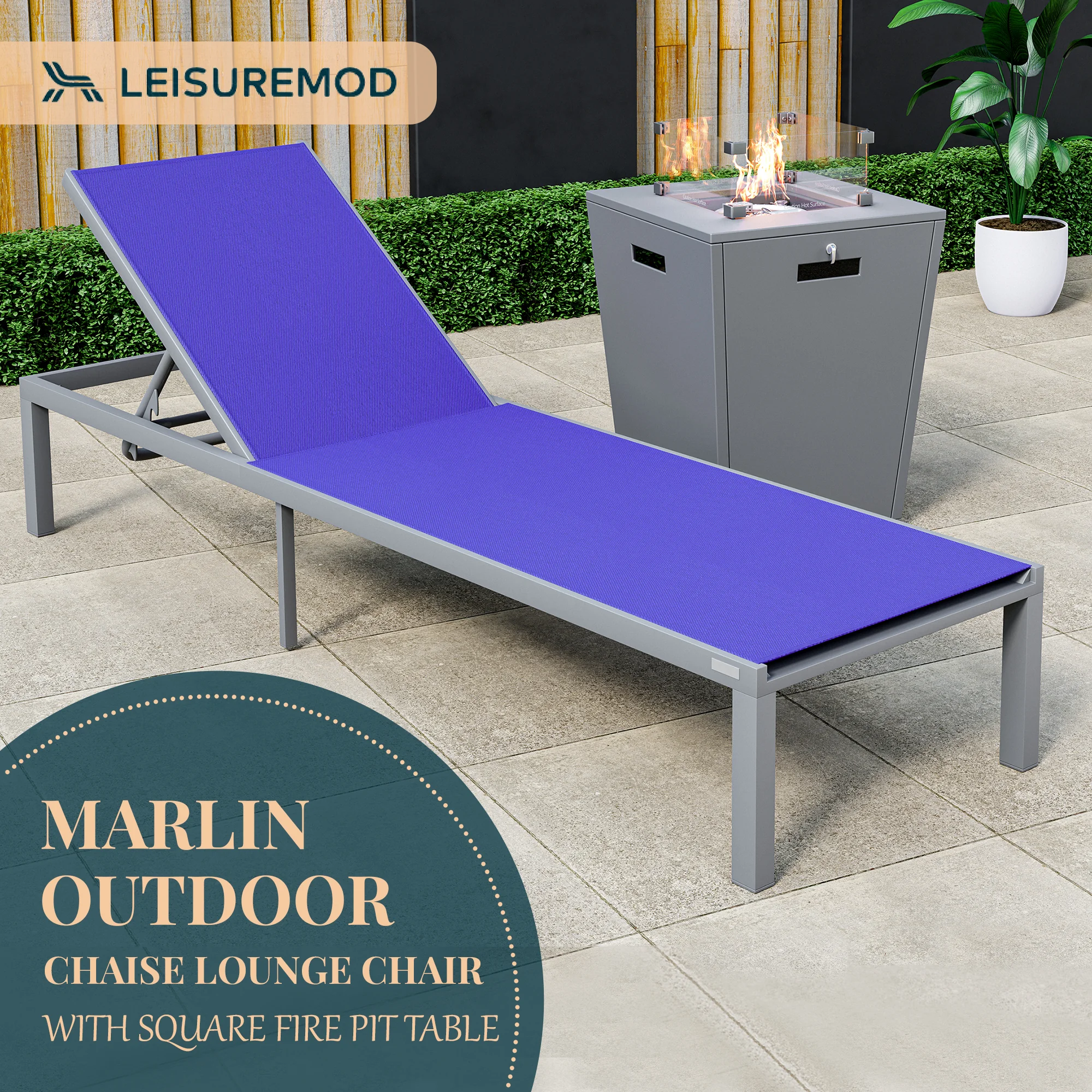 Marlin Modern Grey Aluminum Outdoor Patio Chaise Lounge Chair with Square Fire Pit Side Table Perfect for Patio, Lawn, and Garden