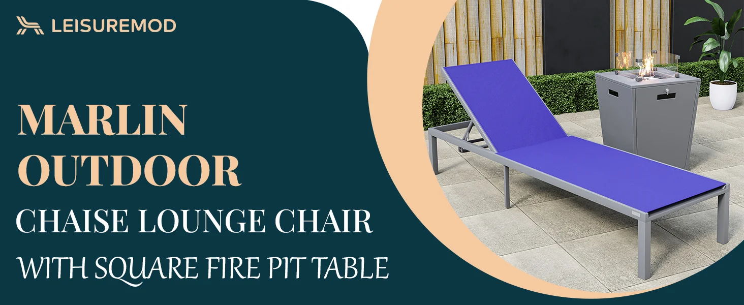 Marlin Modern Aluminum Outdoor Patio Chaise Lounge Chair Set of 2 with Square Fire Pit Side Table Perfect for Patio, Lawn, and Garden