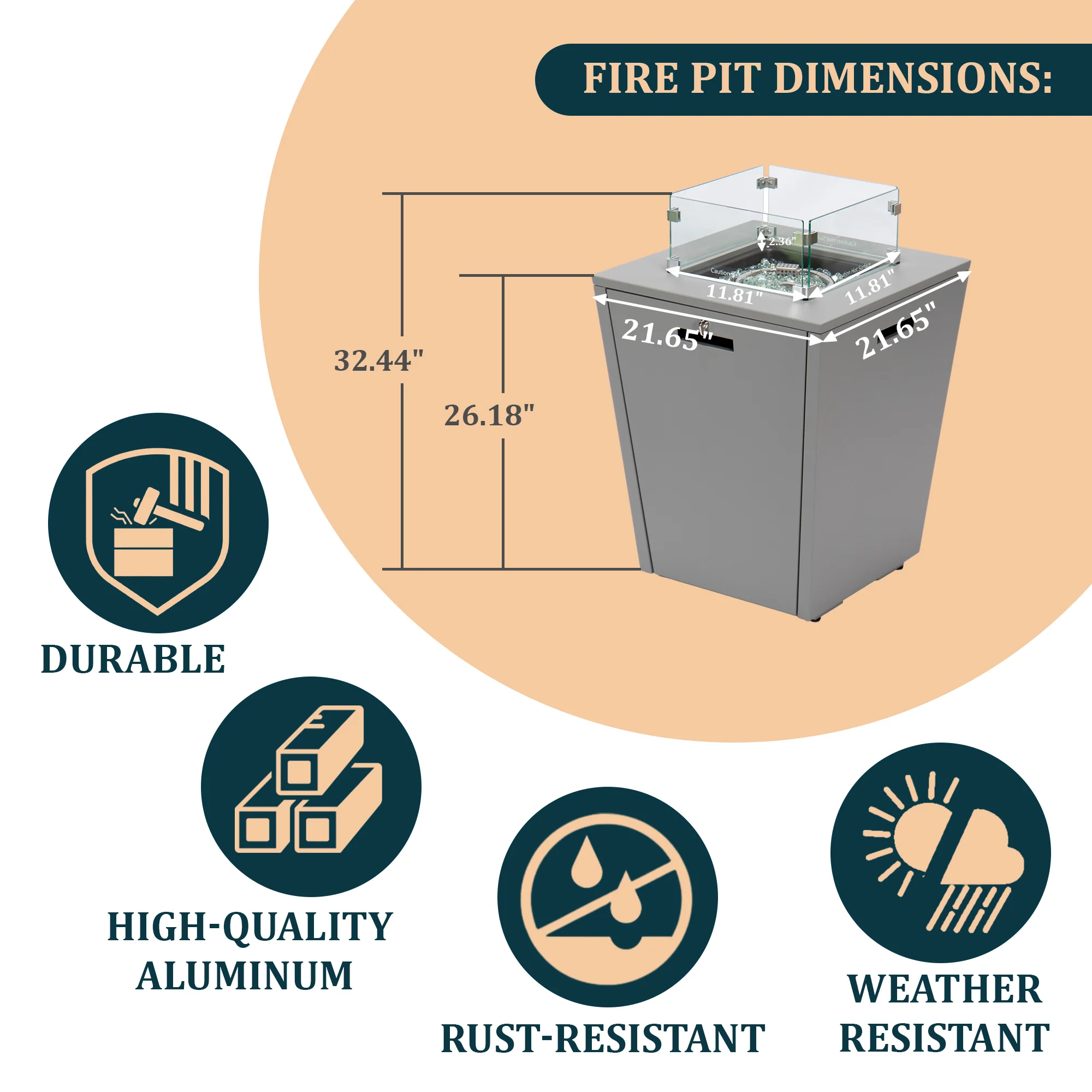 Marlin Modern Grey Aluminum Outdoor Patio Chaise Lounge Chair with Square Fire Pit Side Table Perfect for Patio, Lawn, and Garden