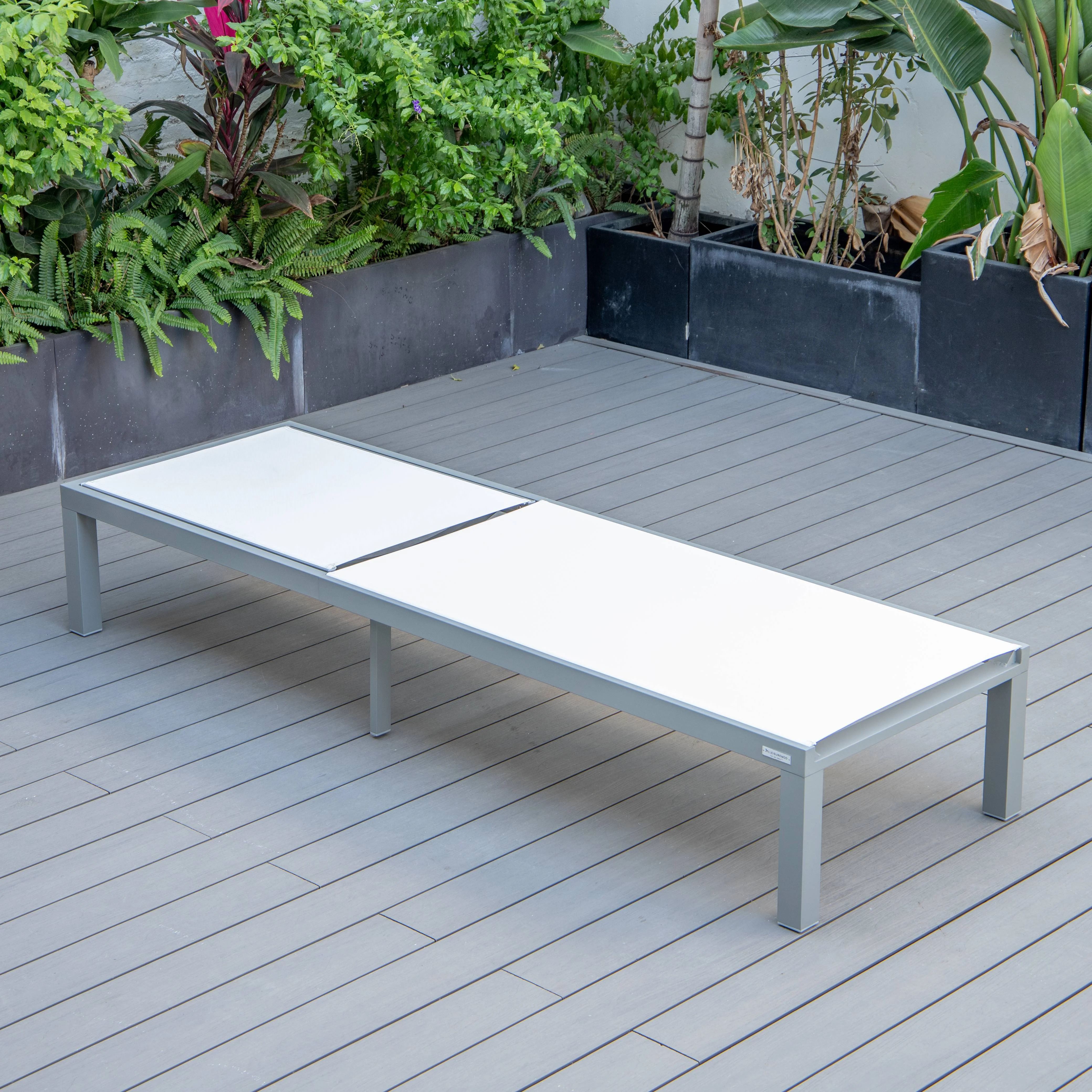 Marlin Modern Grey Aluminum Outdoor Patio Chaise Lounge Chair with Square Fire Pit Side Table Perfect for Patio, Lawn, and Garden