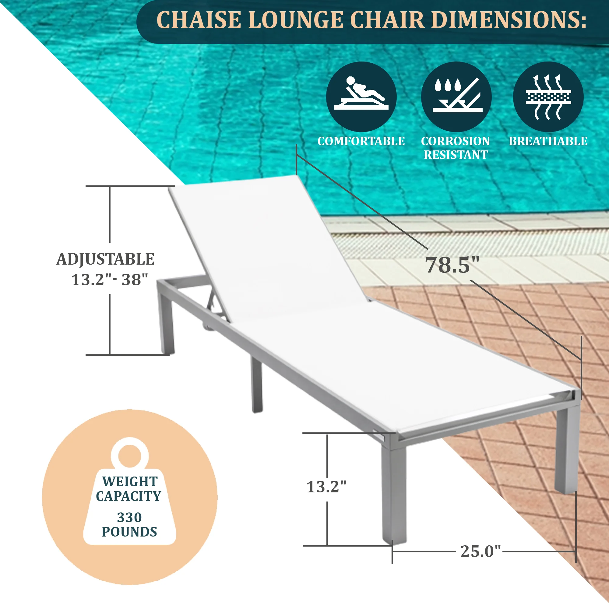 Marlin Modern Grey Aluminum Outdoor Patio Chaise Lounge Chair with Square Fire Pit Side Table Perfect for Patio, Lawn, and Garden