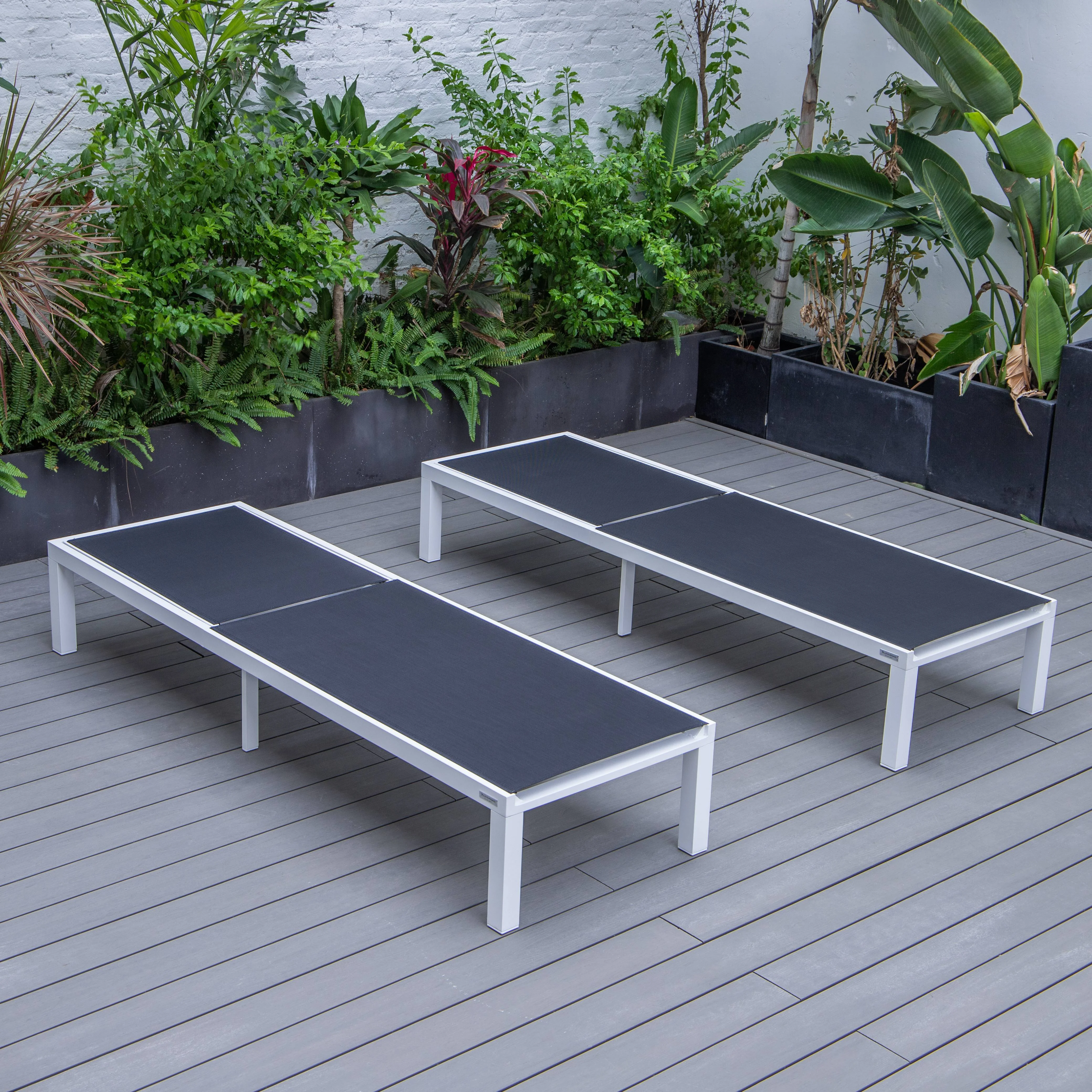 Marlin Patio Chaise Lounge Chair With White Aluminum Frame, Set of 2 in Black