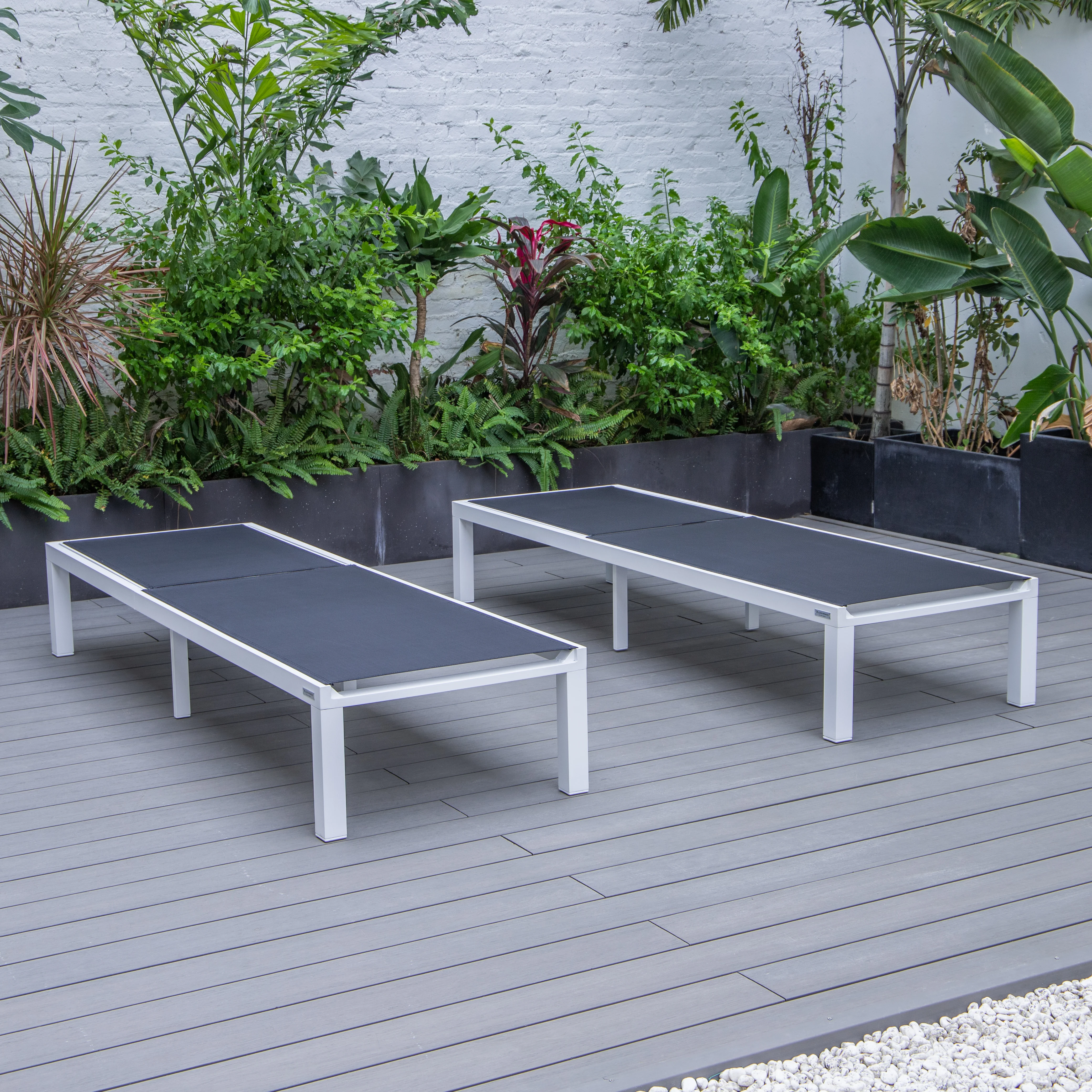 Marlin Patio Chaise Lounge Chair With White Aluminum Frame, Set of 2 in Black