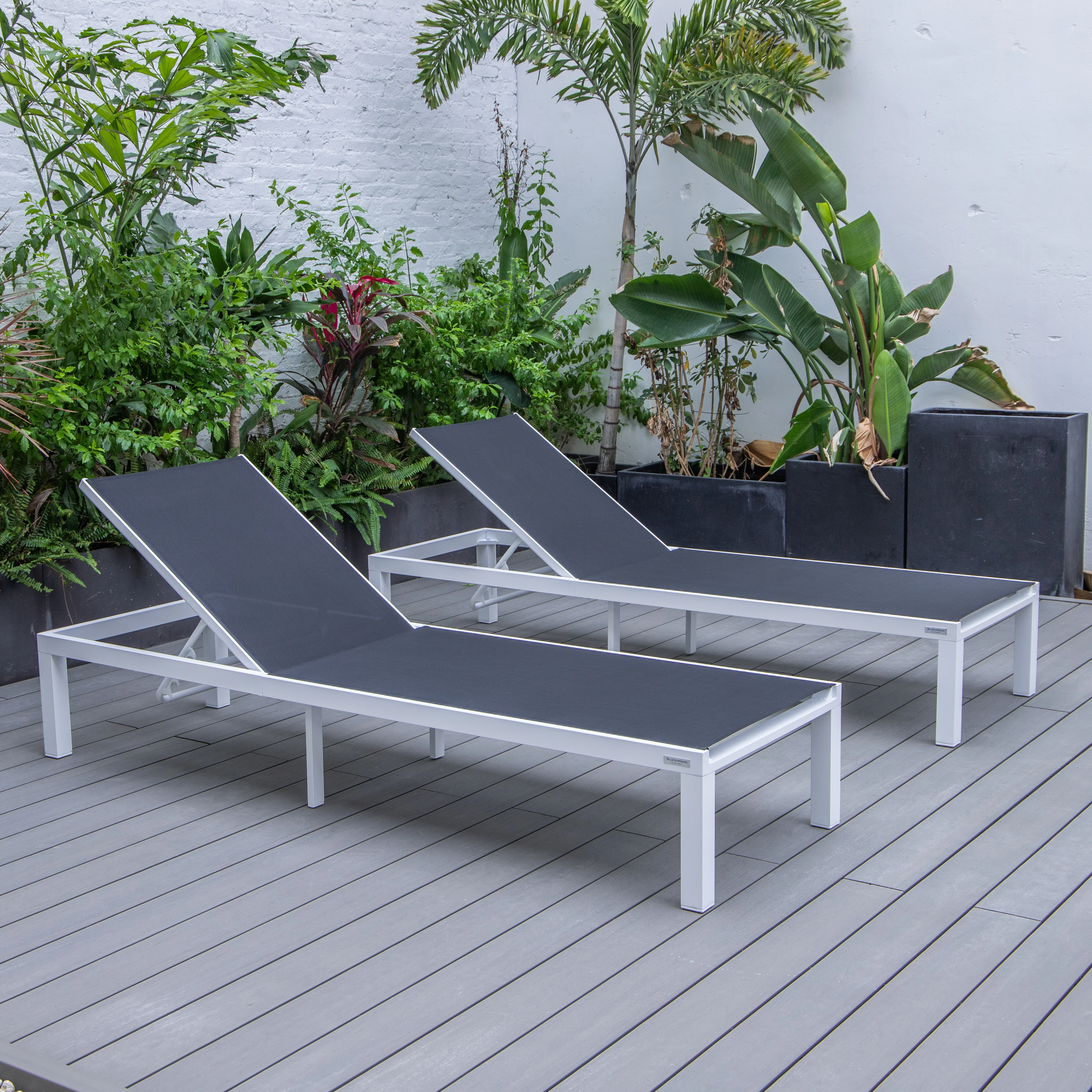 Marlin Patio Chaise Lounge Chair With White Aluminum Frame, Set of 2 in Black
