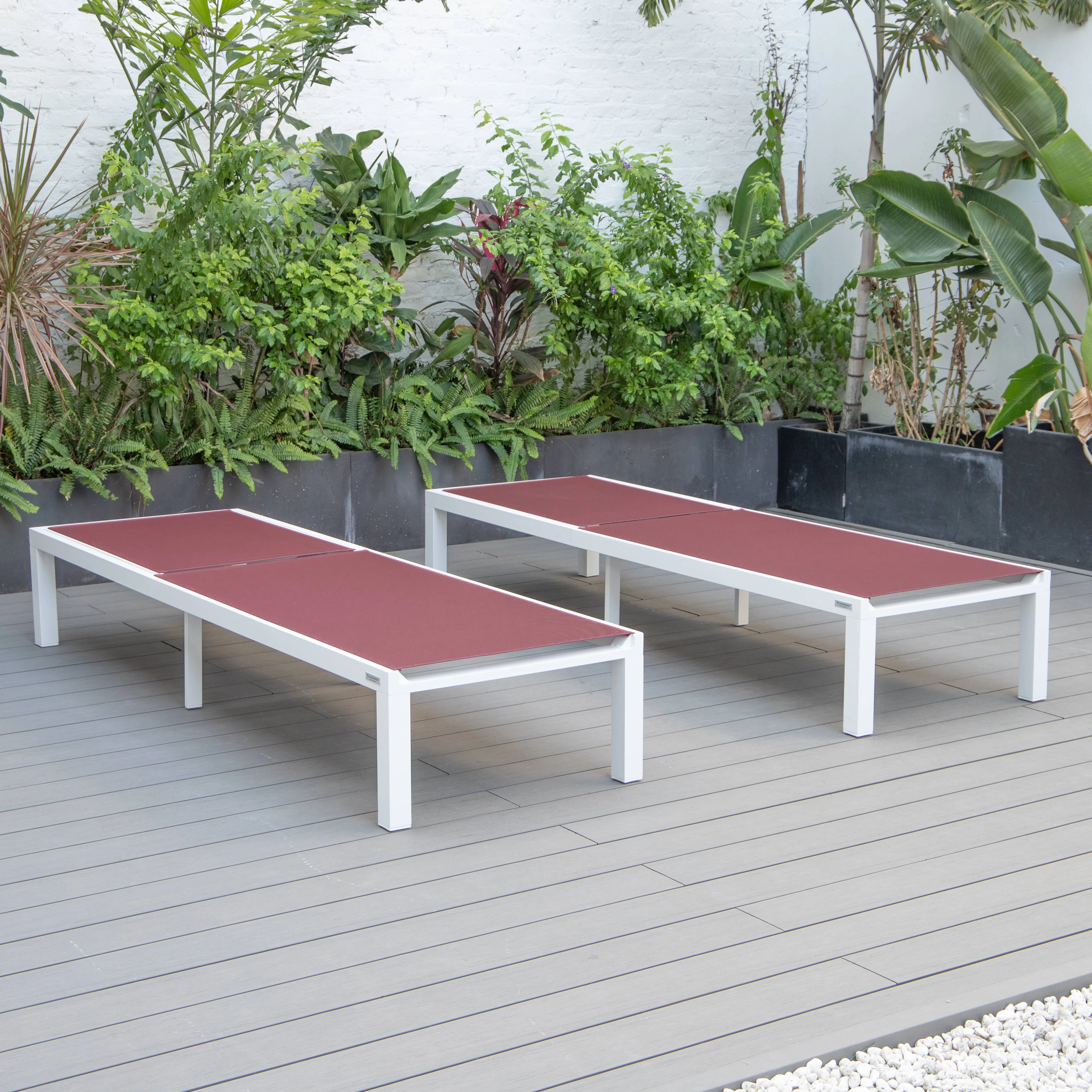 Marlin Patio Chaise Lounge Chair With White Aluminum Frame, Set of 2 in Burgundy