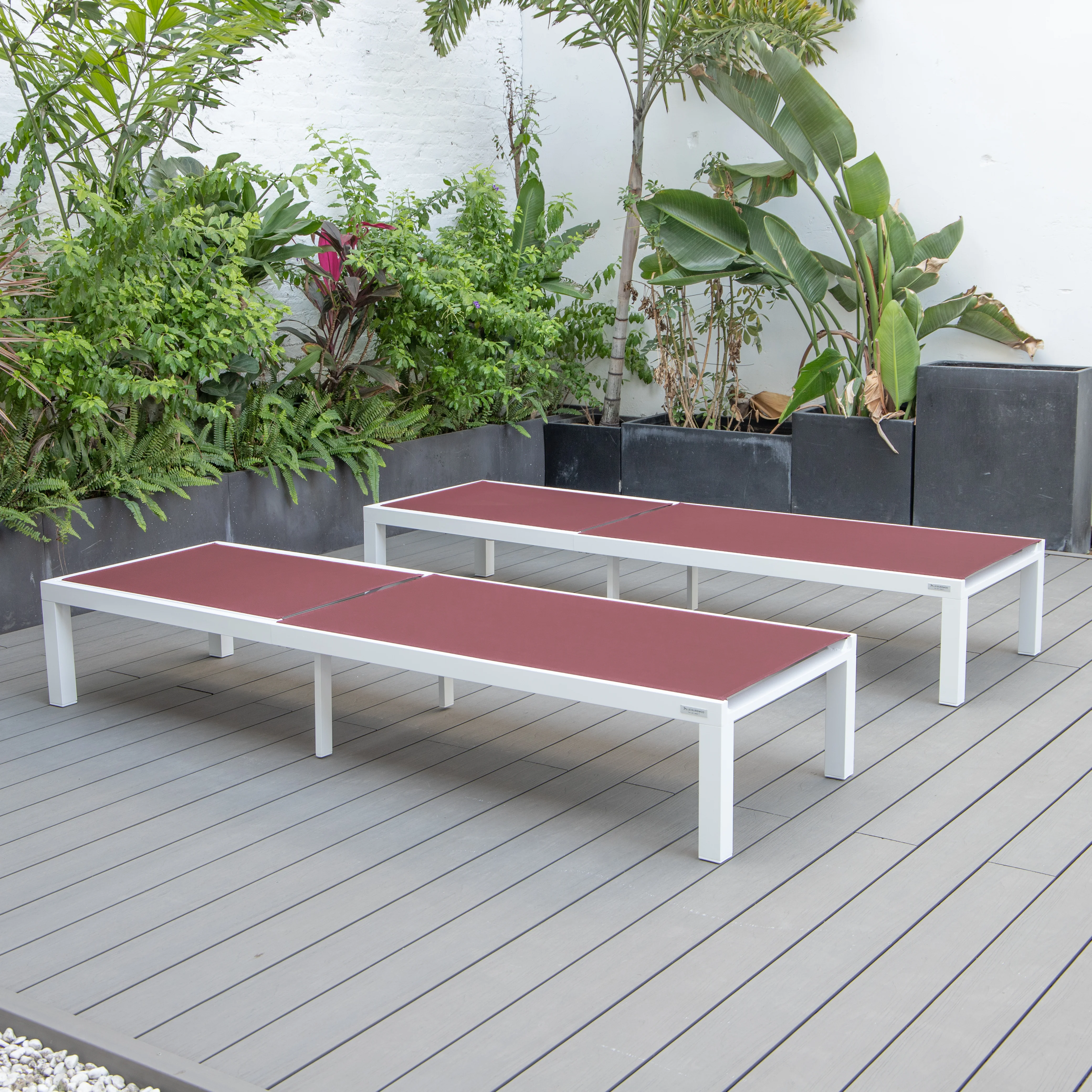 Marlin Patio Chaise Lounge Chair With White Aluminum Frame, Set of 2 in Burgundy