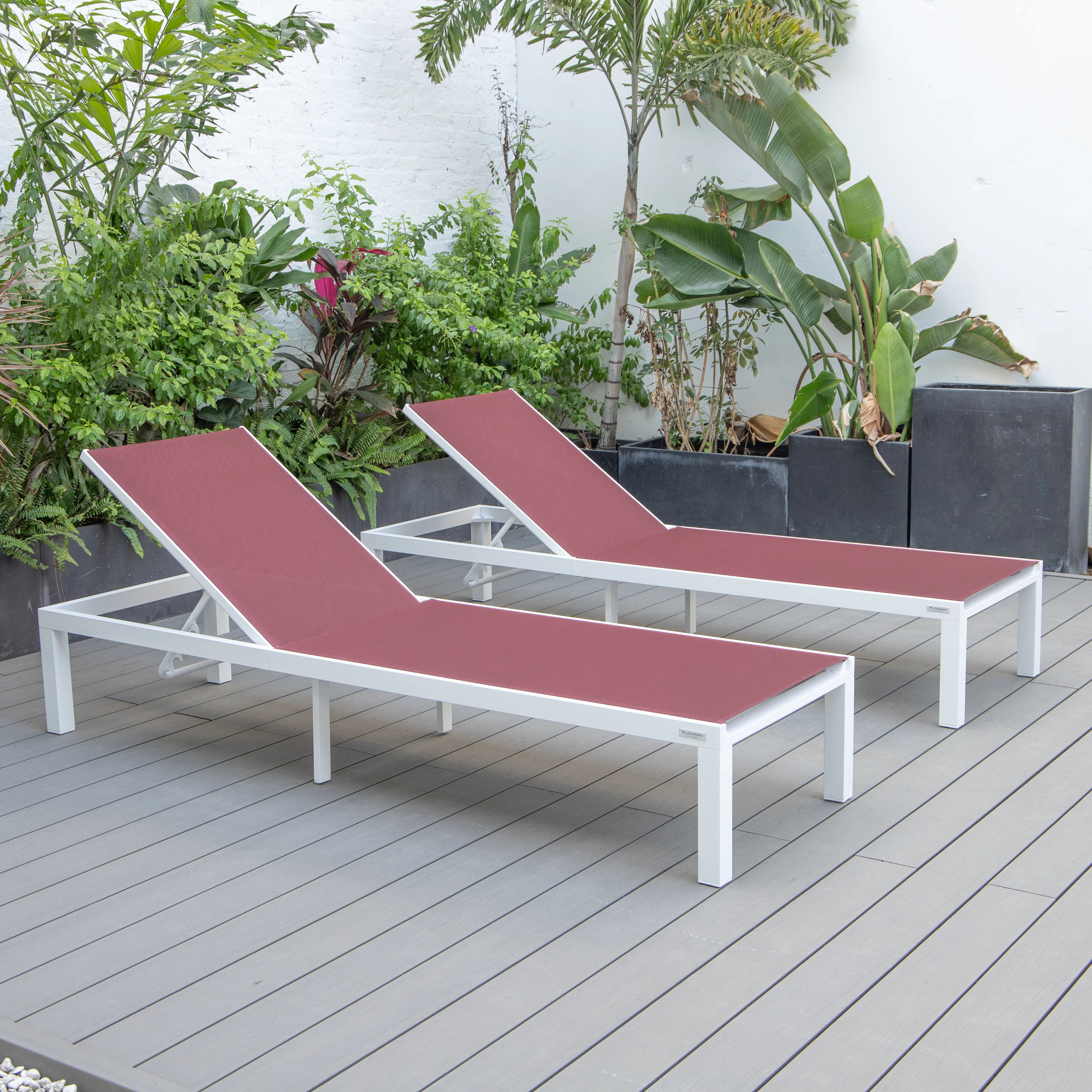 Marlin Patio Chaise Lounge Chair With White Aluminum Frame, Set of 2 in Burgundy