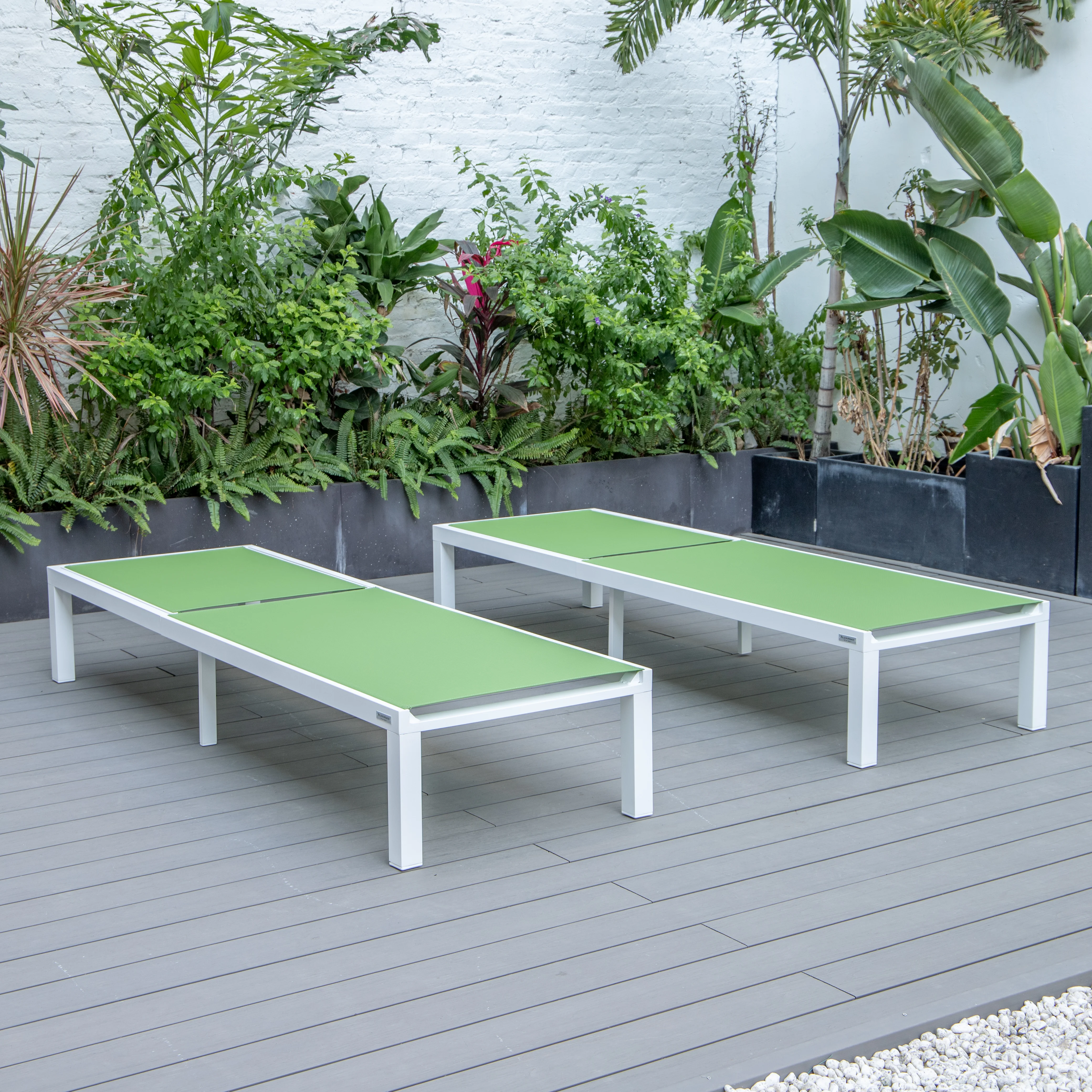 Marlin Patio Chaise Lounge Chair With White Aluminum Frame, Set of 2 in Green