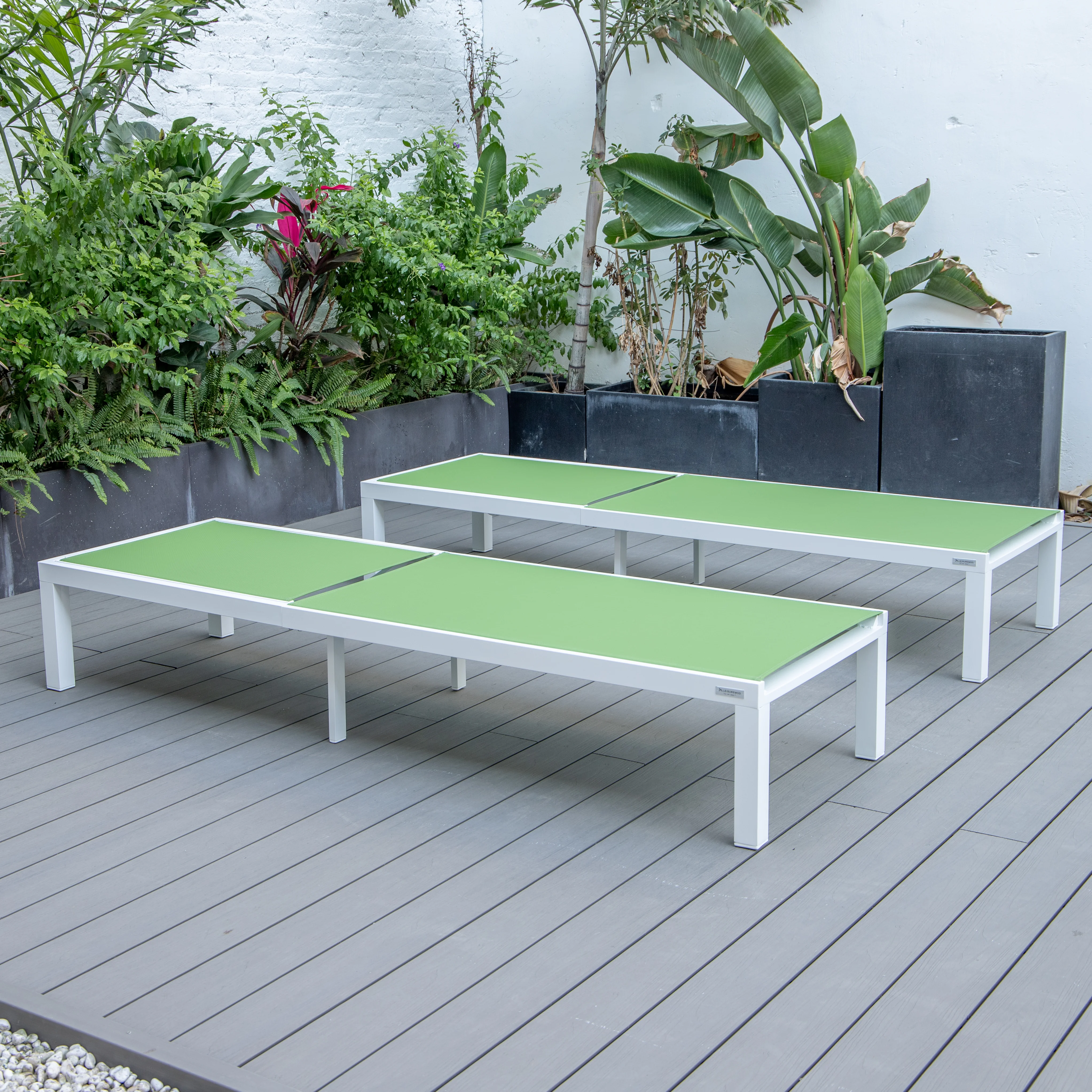 Marlin Patio Chaise Lounge Chair With White Aluminum Frame, Set of 2 in Green