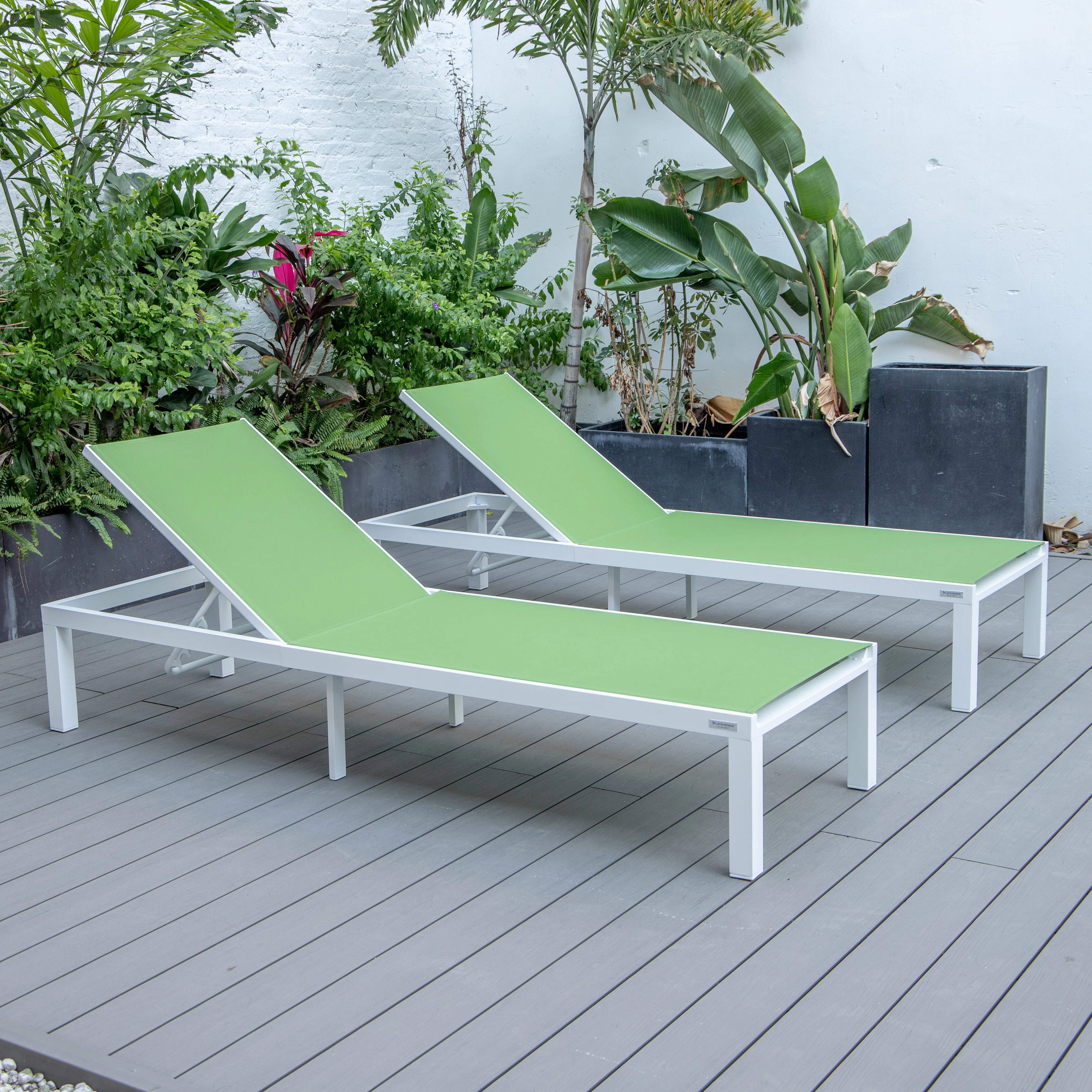 Marlin Patio Chaise Lounge Chair With White Aluminum Frame, Set of 2 in Green