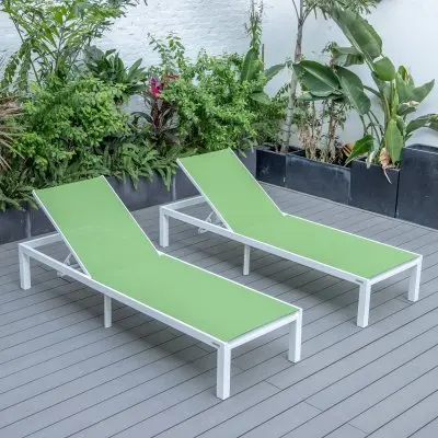Marlin Patio Chaise Lounge Chair With White Aluminum Frame, Set of 2 in Green