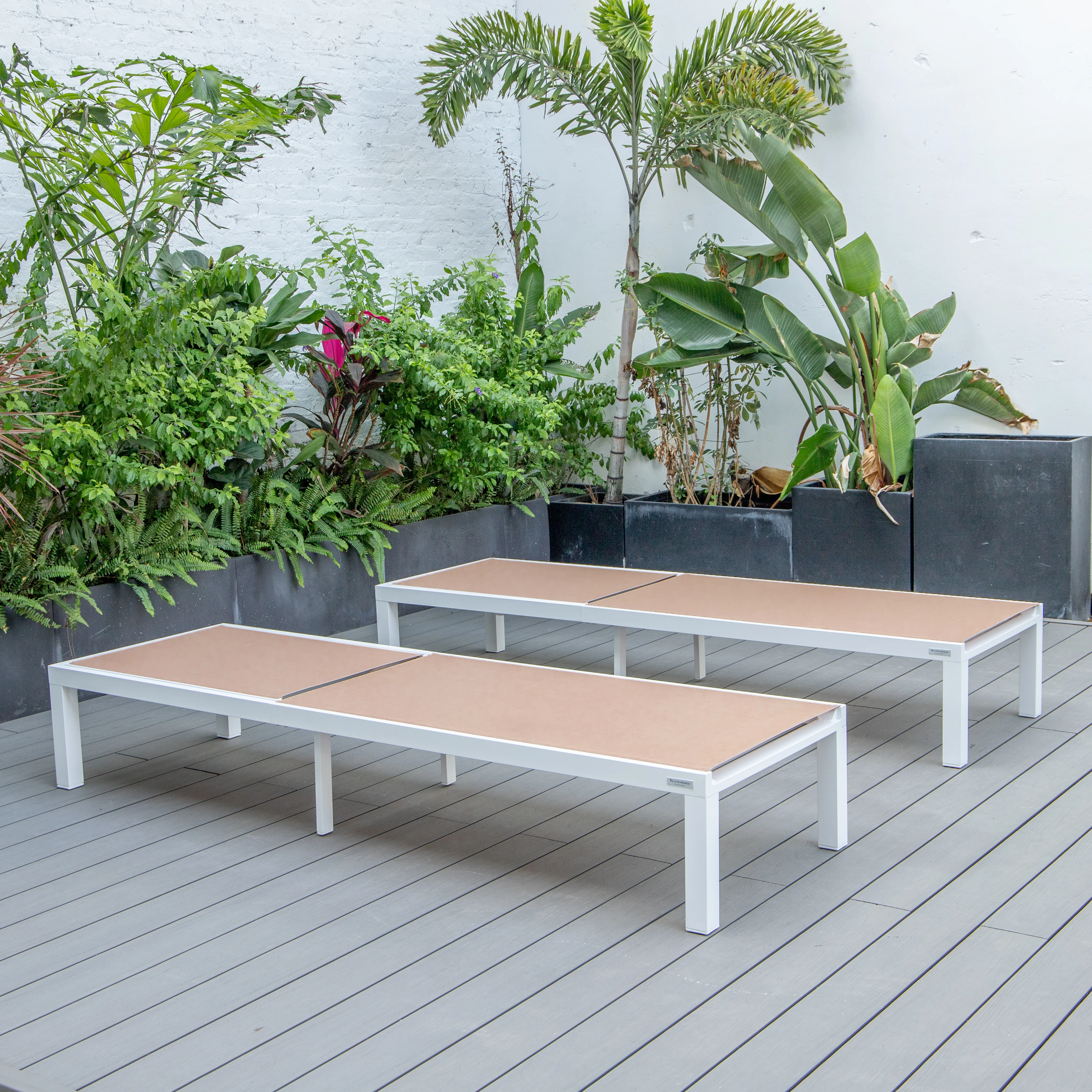 Marlin Patio Chaise Lounge Chair With White Aluminum Frame, Set of 2 in Light Brown