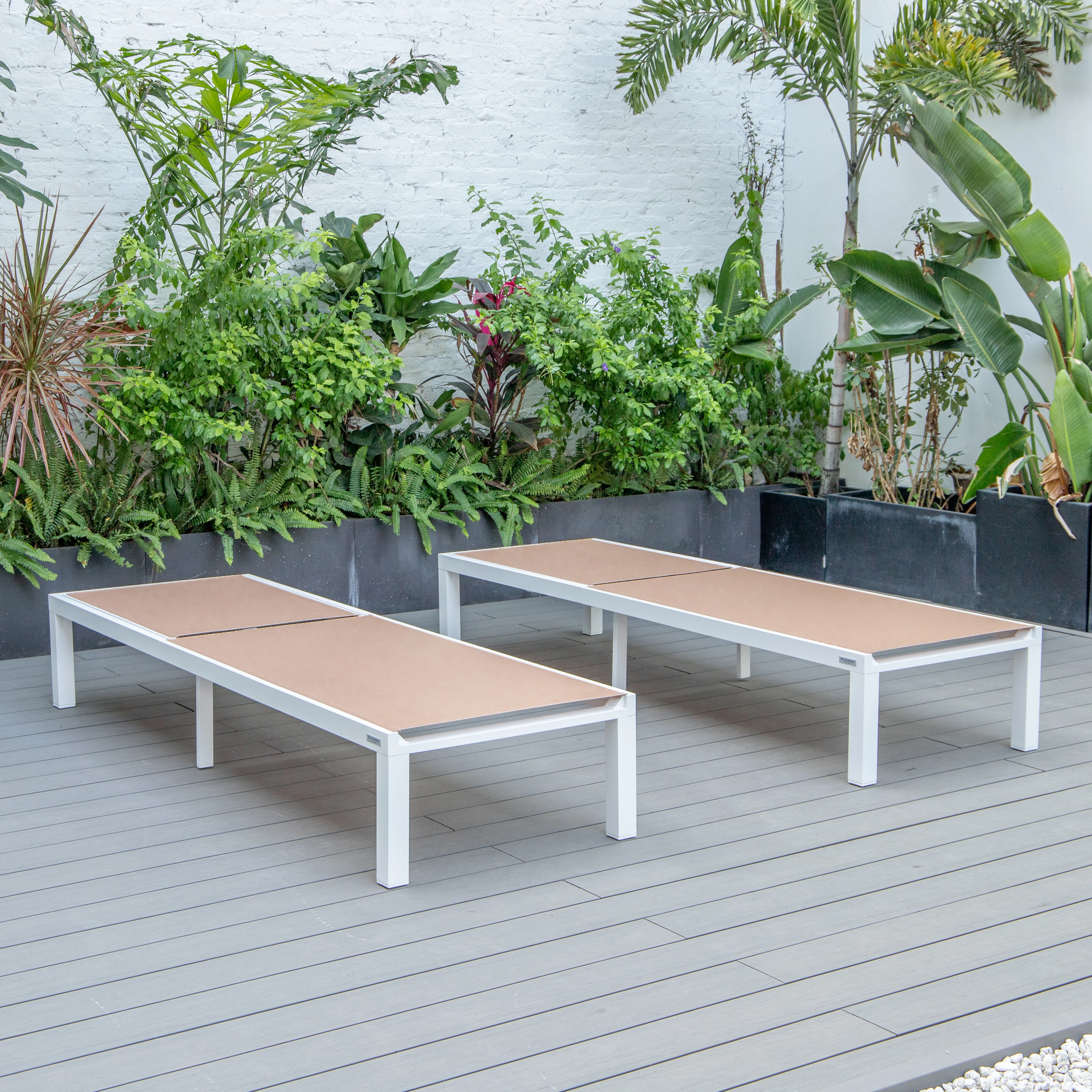 Marlin Patio Chaise Lounge Chair With White Aluminum Frame, Set of 2 in Light Brown