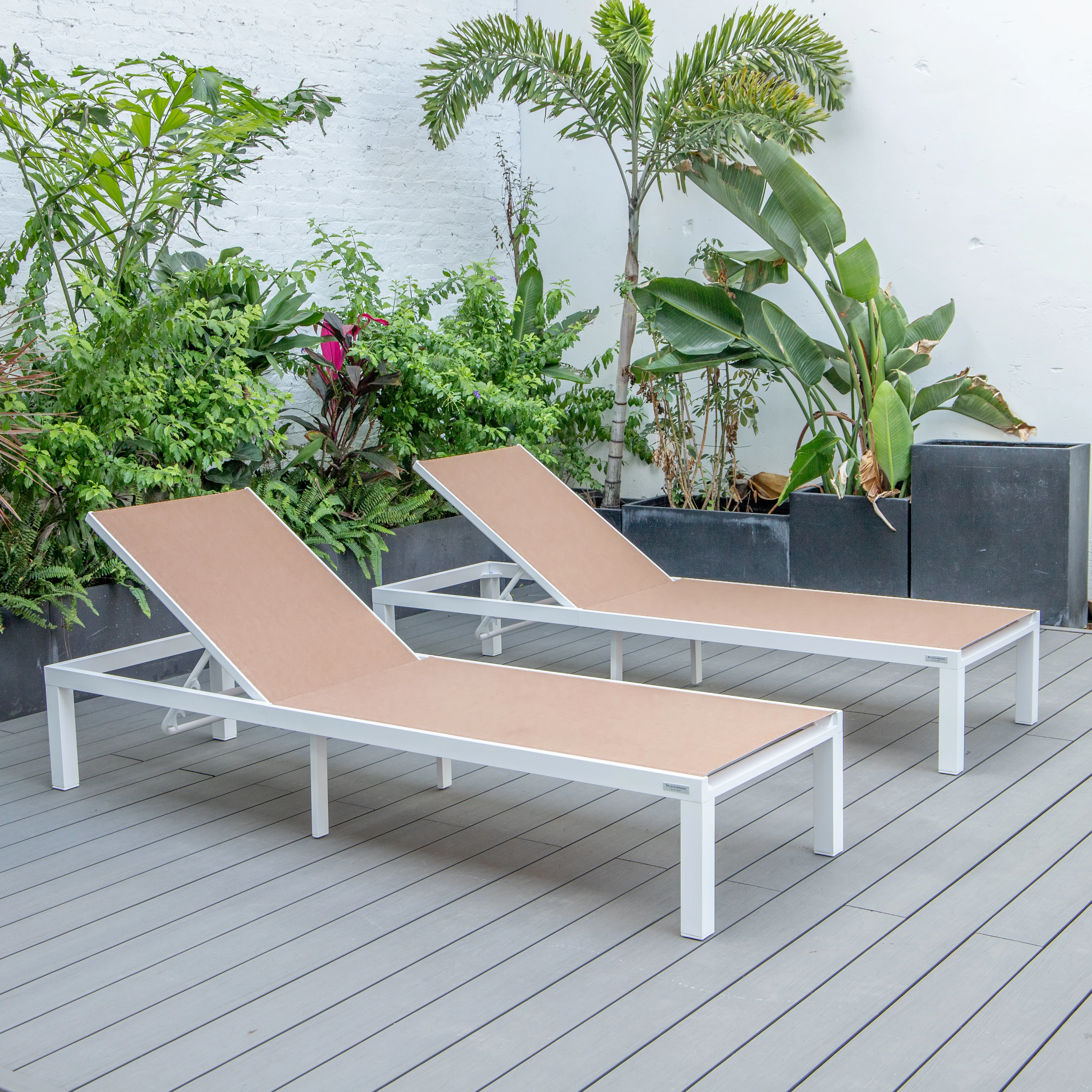 Marlin Patio Chaise Lounge Chair With White Aluminum Frame, Set of 2 in Light Brown