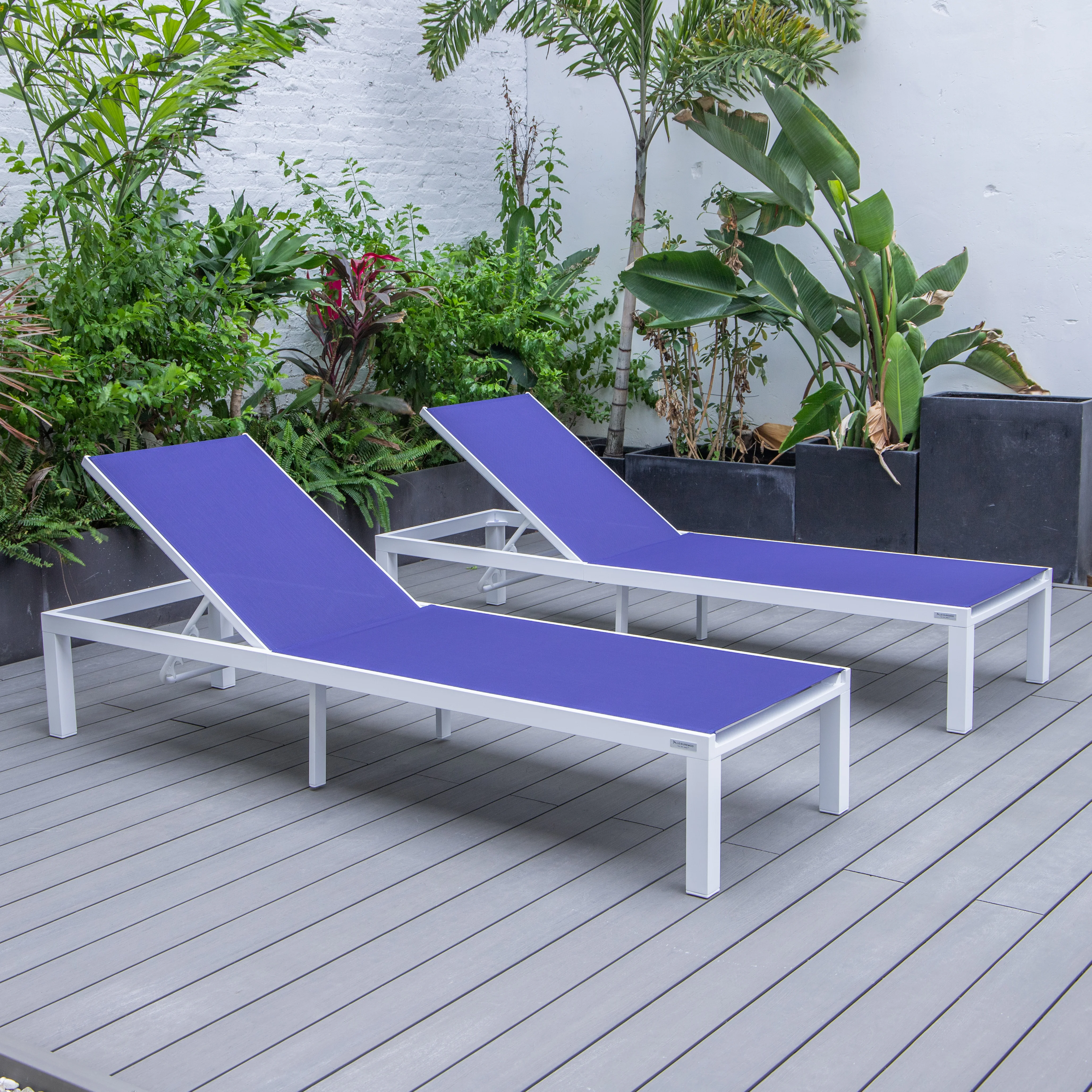Marlin Patio Chaise Lounge Chair With White Aluminum Frame, Set of 2 in Navy Blue