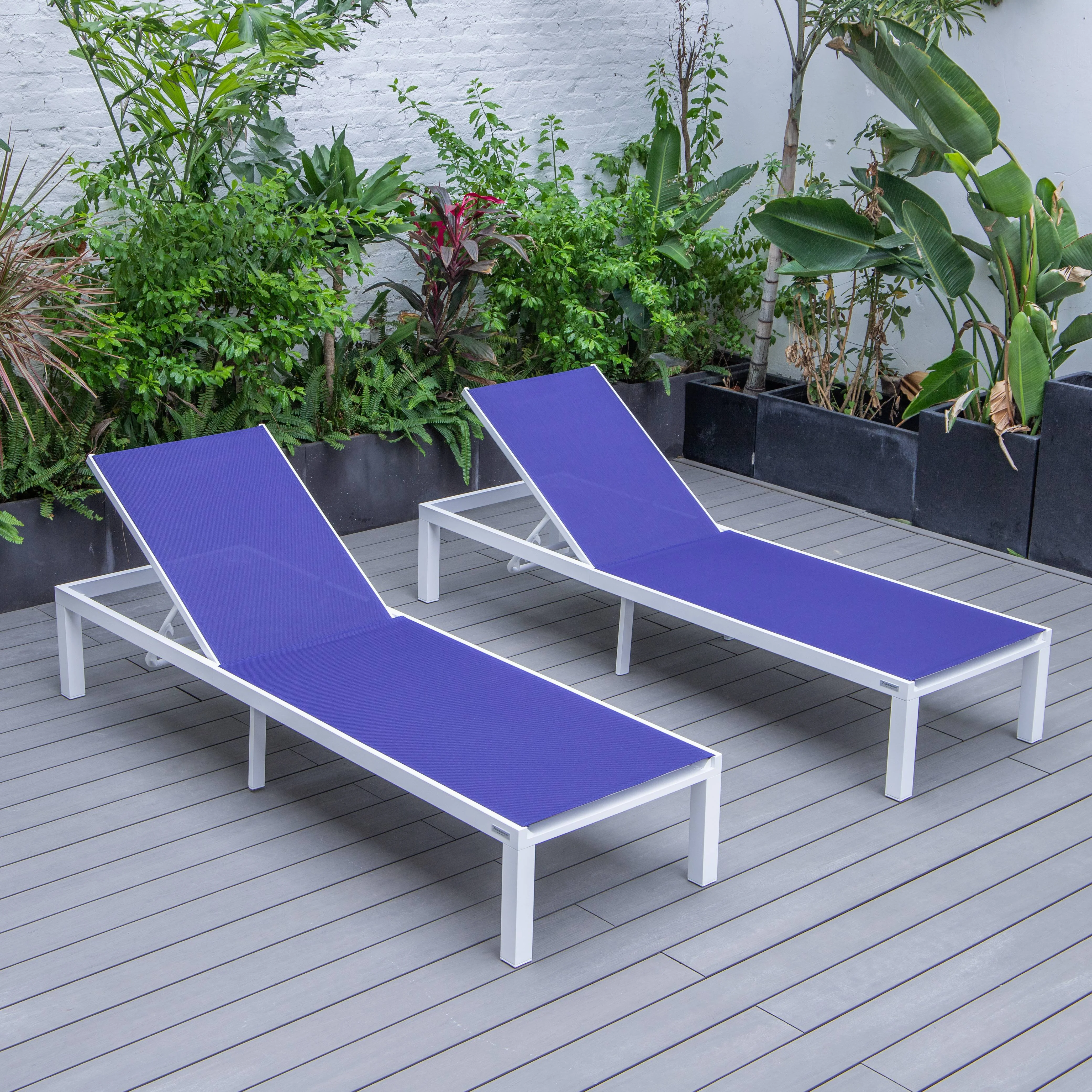 Marlin Patio Chaise Lounge Chair With White Aluminum Frame, Set of 2 in Navy Blue