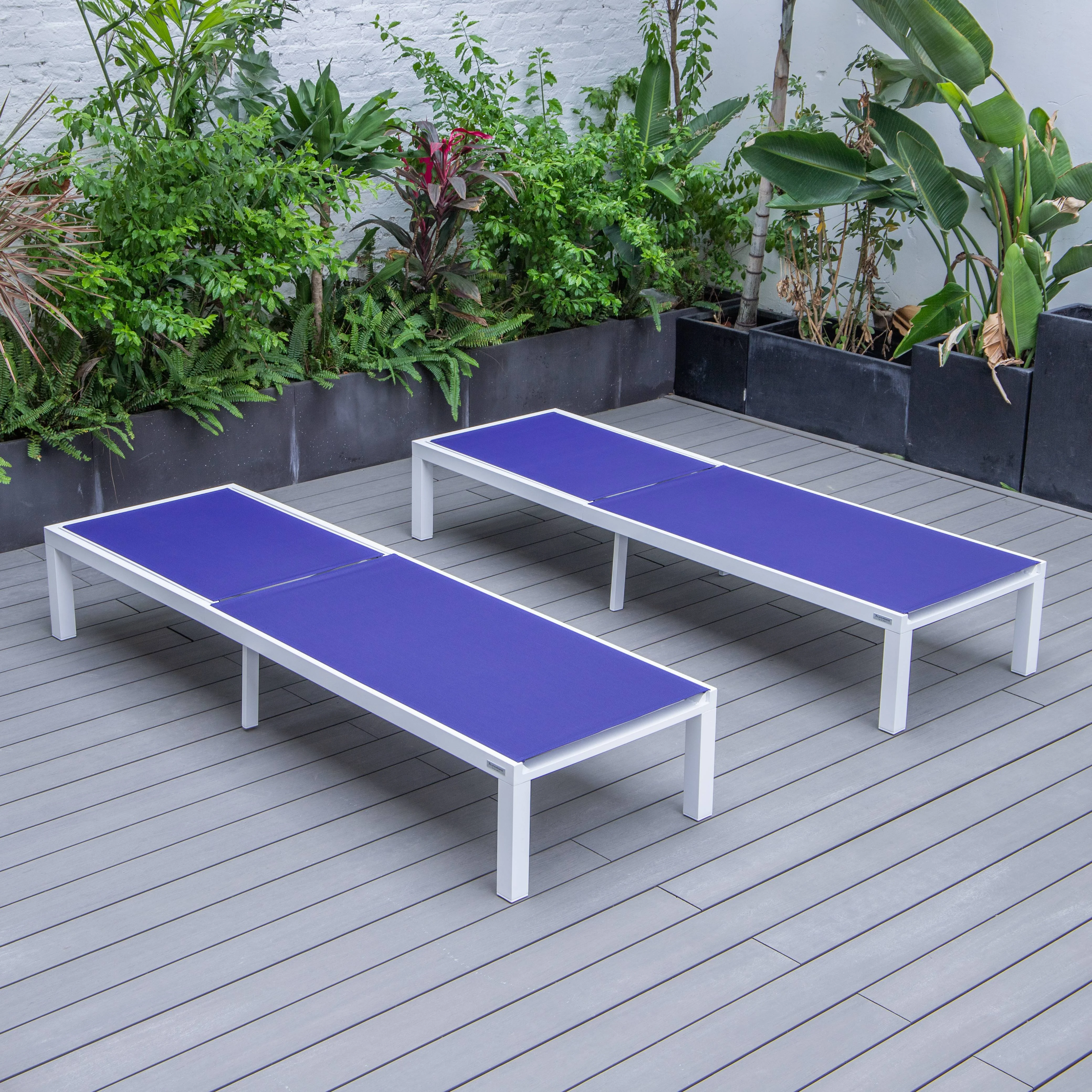 Marlin Patio Chaise Lounge Chair With White Aluminum Frame, Set of 2 in Navy Blue