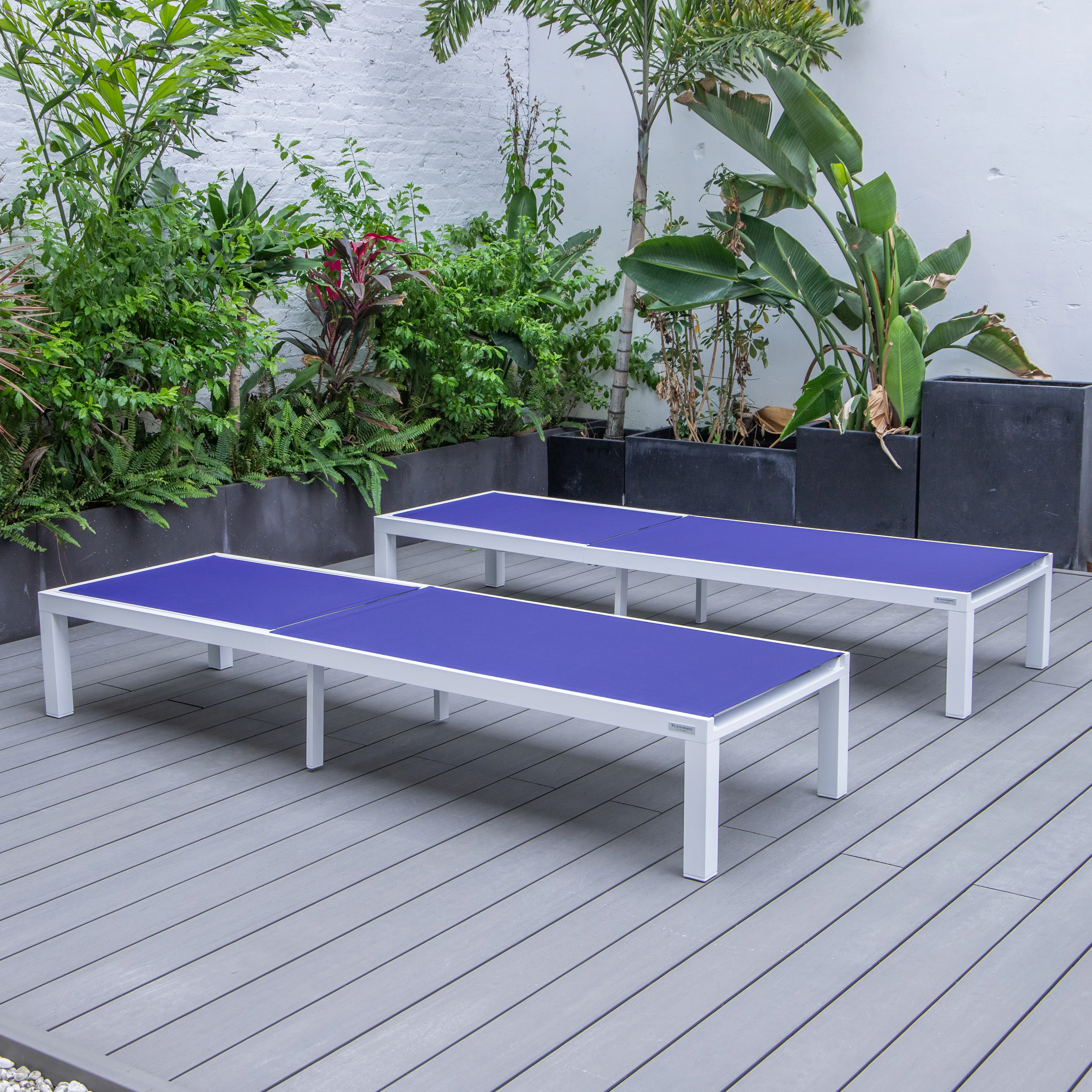 Marlin Patio Chaise Lounge Chair With White Aluminum Frame, Set of 2 in Navy Blue