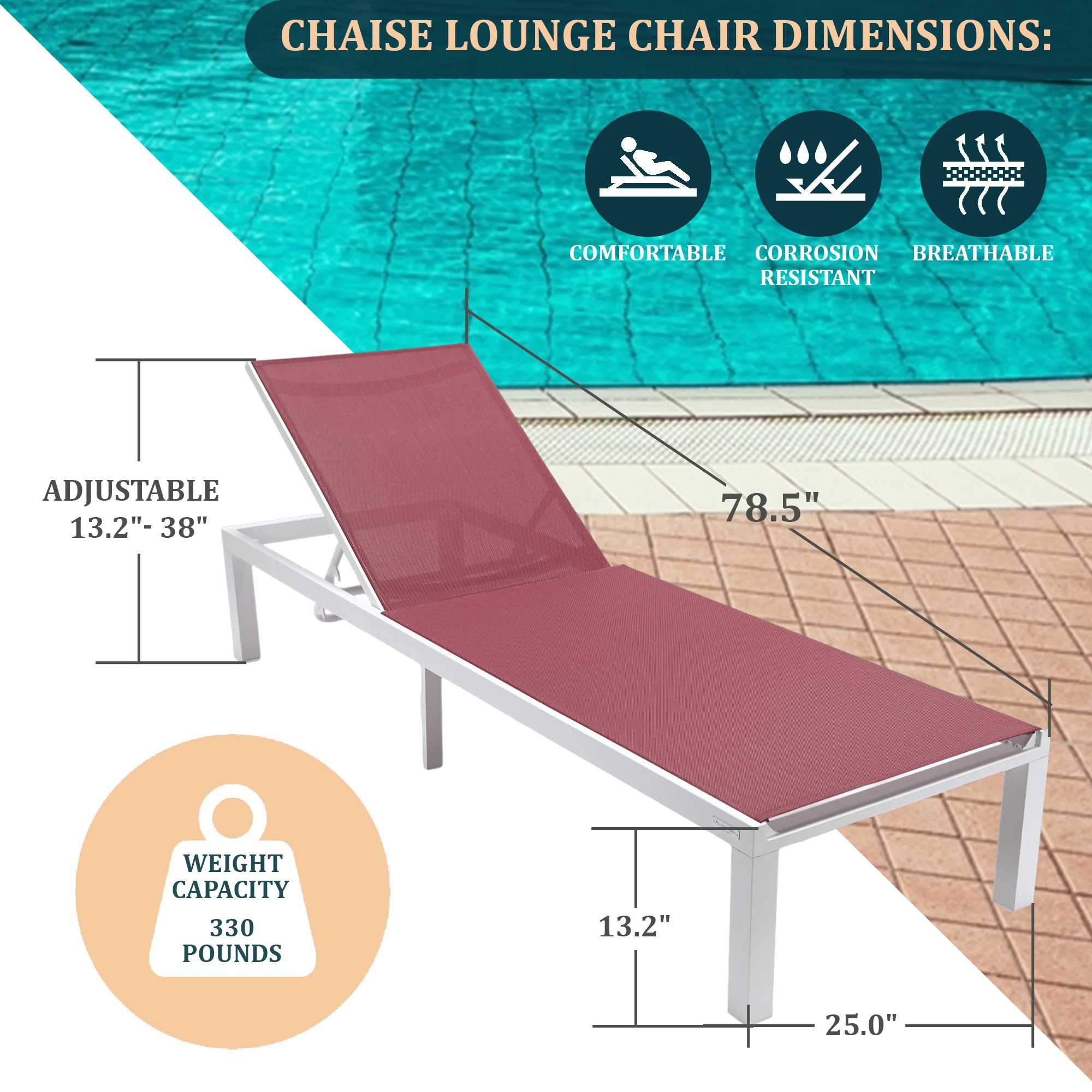 Marlin Modern White Aluminum Outdoor Patio Chaise Lounge Chair with Square Fire Pit Side Table Perfect for Patio, Lawn, and Garden