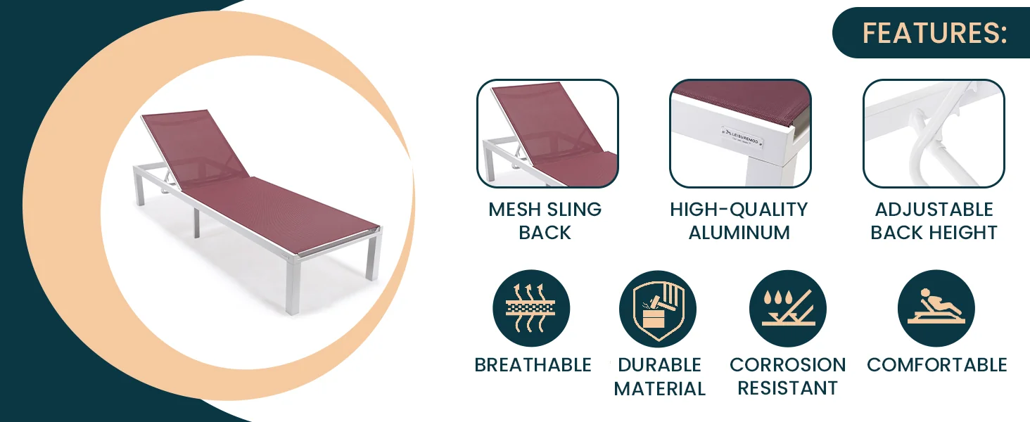 Marlin Modern Aluminum Outdoor Patio Chaise Lounge Chair Set of 2 with Square Fire Pit Side Table Perfect for Patio, Lawn, and Garden