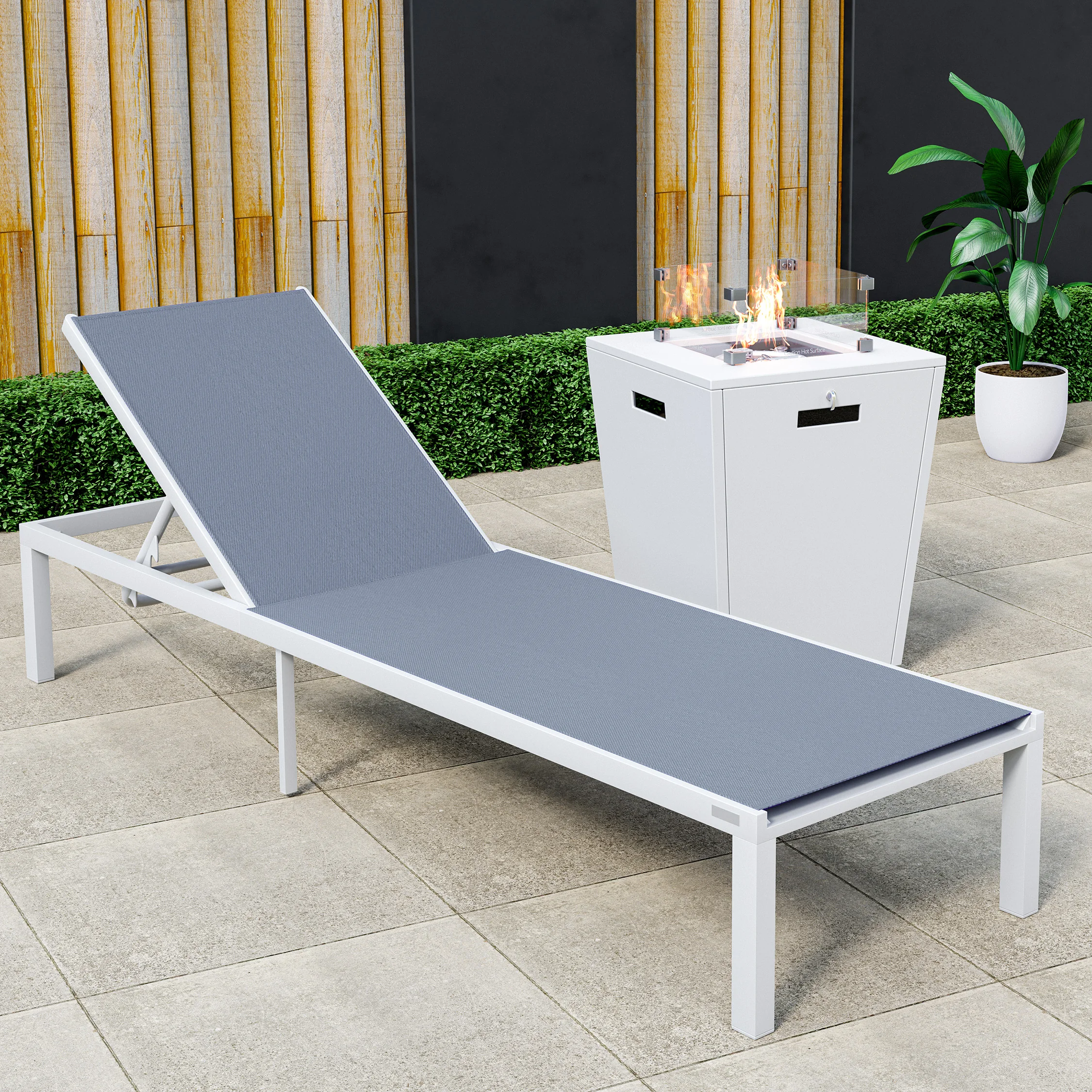 Marlin Modern White Aluminum Outdoor Patio Chaise Lounge Chair with Square Fire Pit Side Table Perfect for Patio, Lawn, and Garden