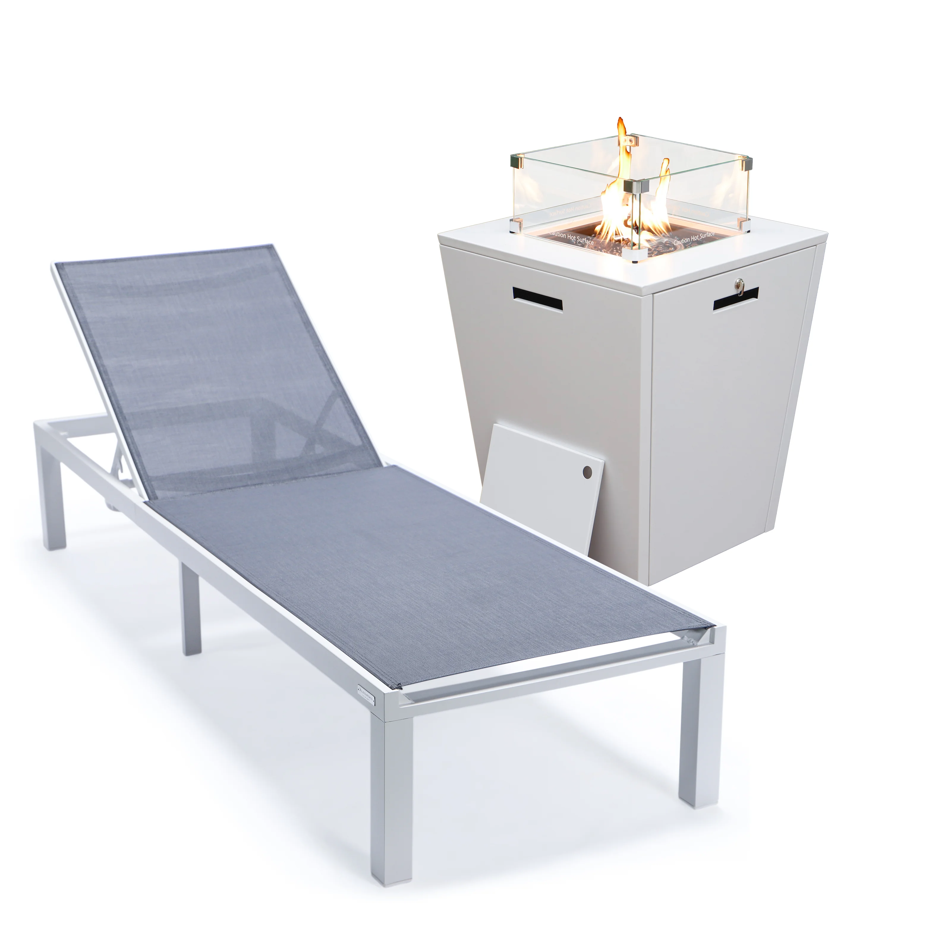 Marlin Modern White Aluminum Outdoor Patio Chaise Lounge Chair with Square Fire Pit Side Table Perfect for Patio, Lawn, and Garden
