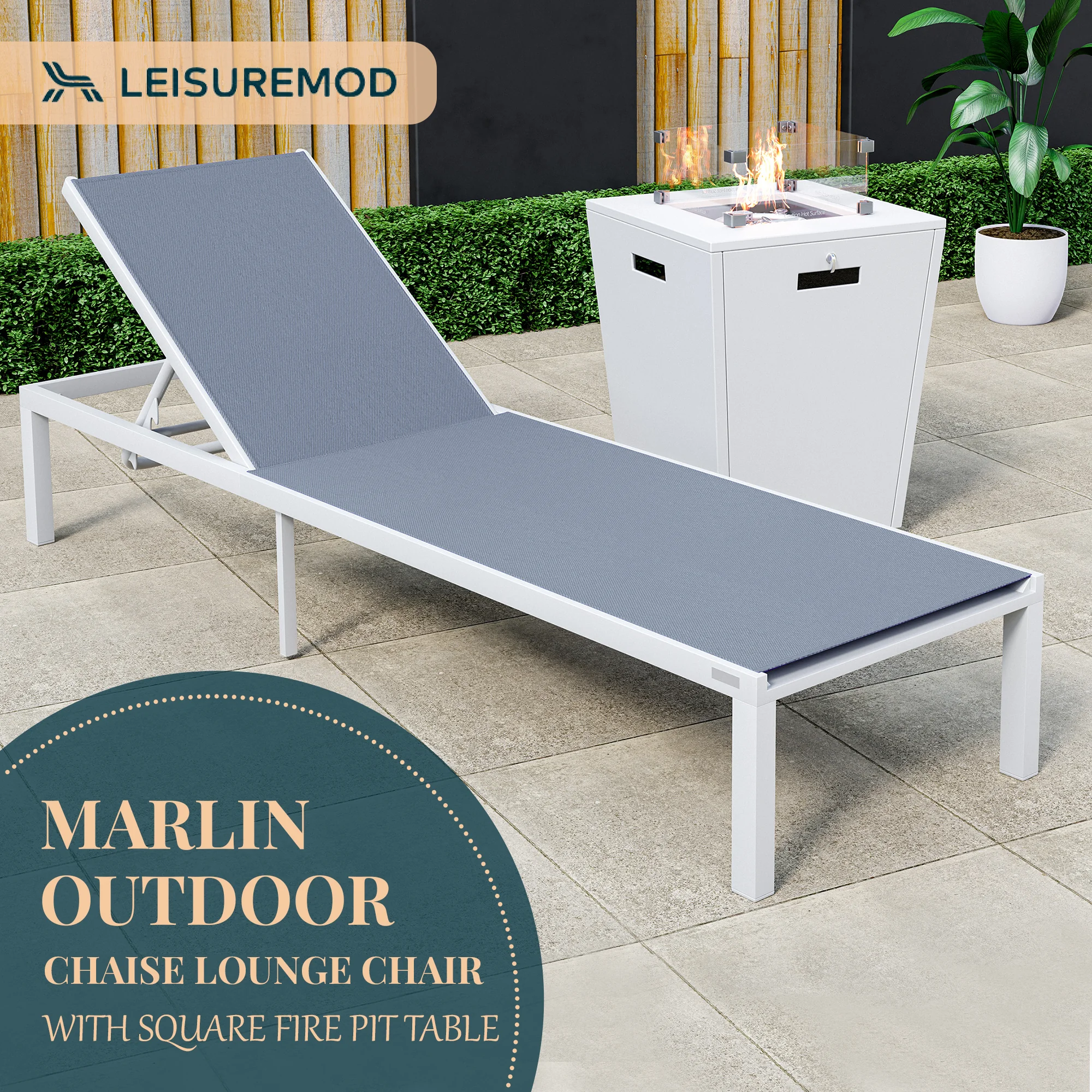 Marlin Modern White Aluminum Outdoor Patio Chaise Lounge Chair with Square Fire Pit Side Table Perfect for Patio, Lawn, and Garden