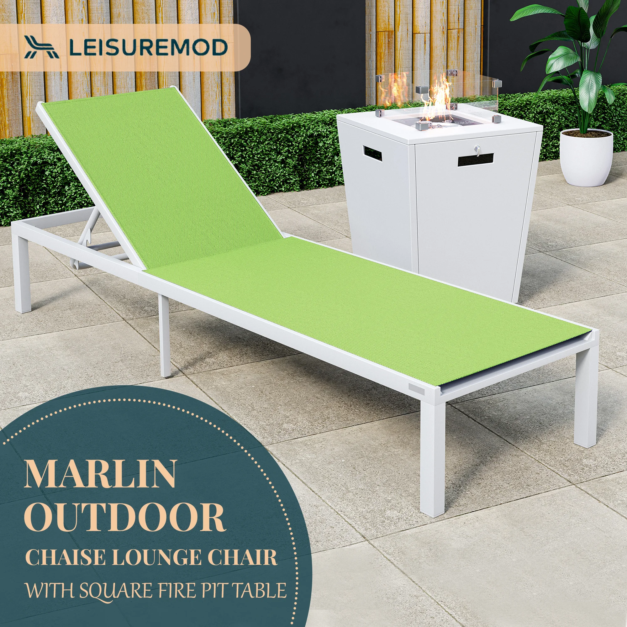 Marlin Modern White Aluminum Outdoor Patio Chaise Lounge Chair with Square Fire Pit Side Table Perfect for Patio, Lawn, and Garden