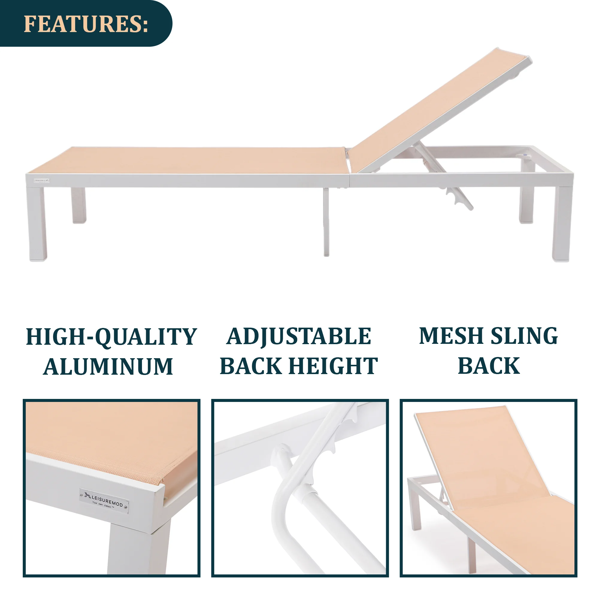 Marlin Modern White Aluminum Outdoor Patio Chaise Lounge Chair with Square Fire Pit Side Table Perfect for Patio, Lawn, and Garden