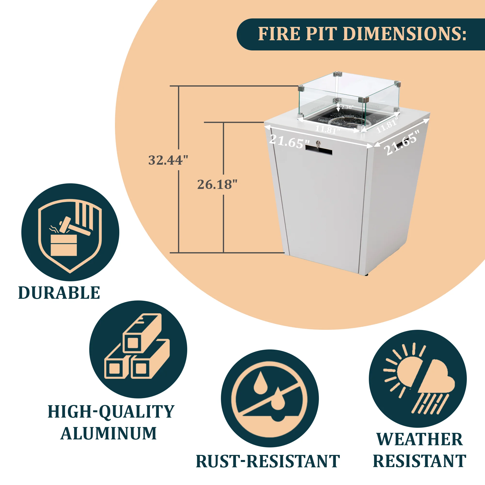 Marlin Modern White Aluminum Outdoor Patio Chaise Lounge Chair with Square Fire Pit Side Table Perfect for Patio, Lawn, and Garden