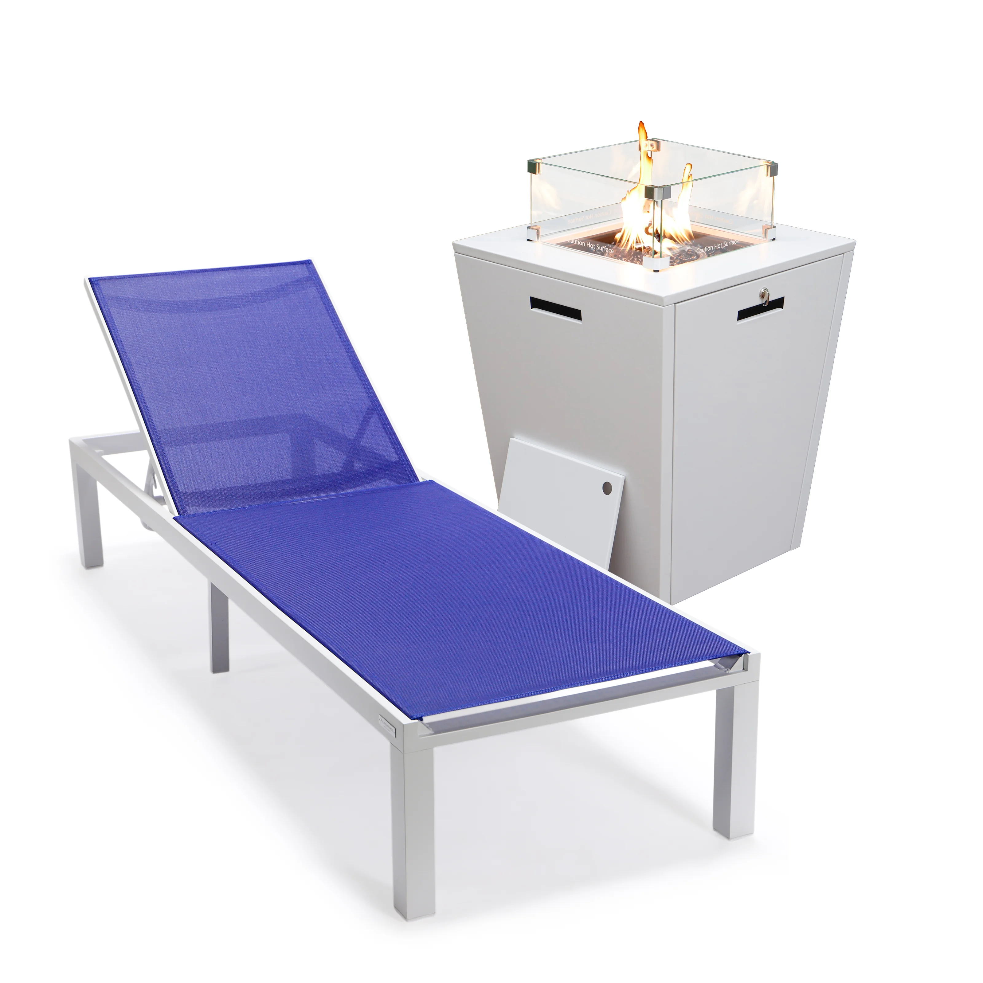 Marlin Modern White Aluminum Outdoor Patio Chaise Lounge Chair with Square Fire Pit Side Table Perfect for Patio, Lawn, and Garden