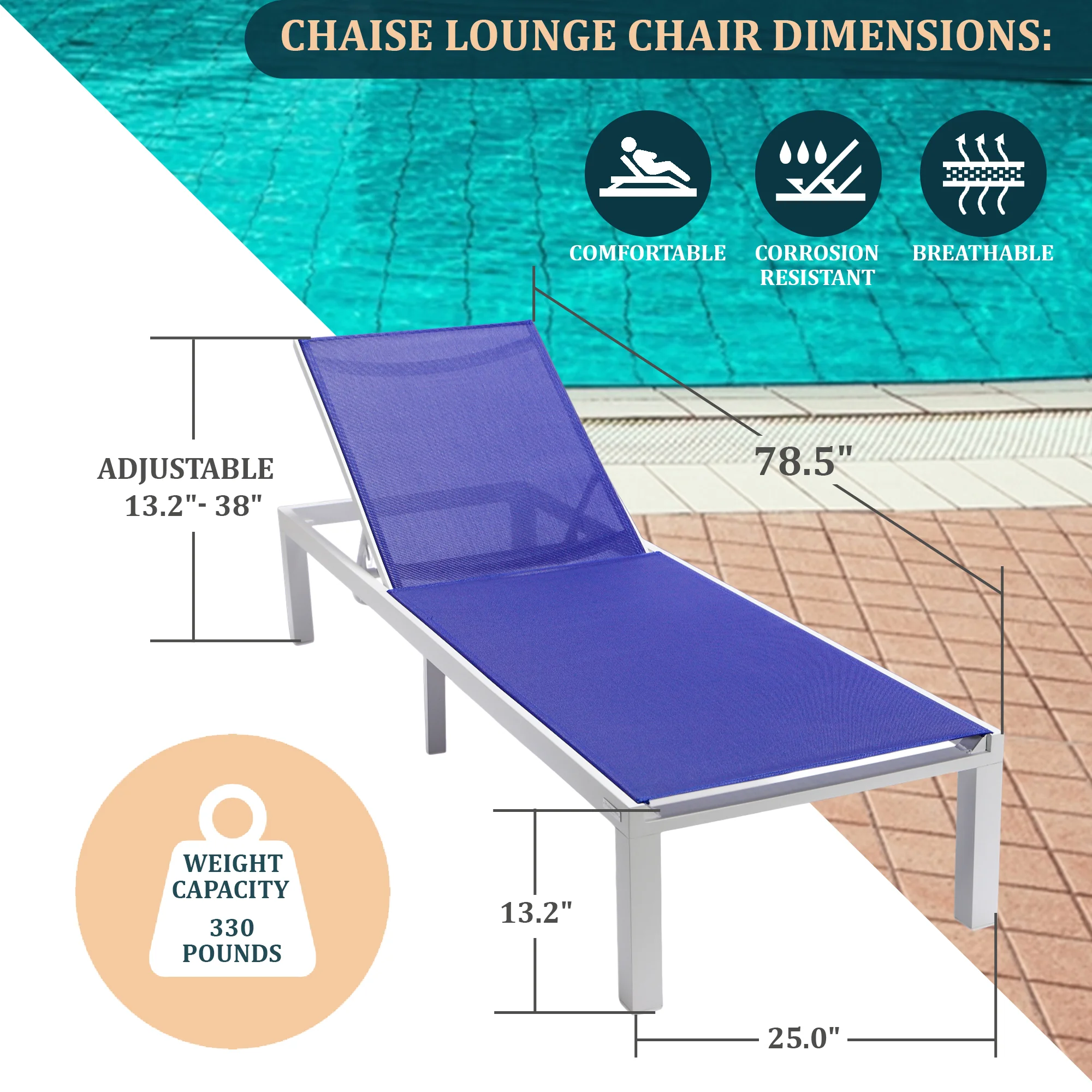 Marlin Modern White Aluminum Outdoor Patio Chaise Lounge Chair with Square Fire Pit Side Table Perfect for Patio, Lawn, and Garden