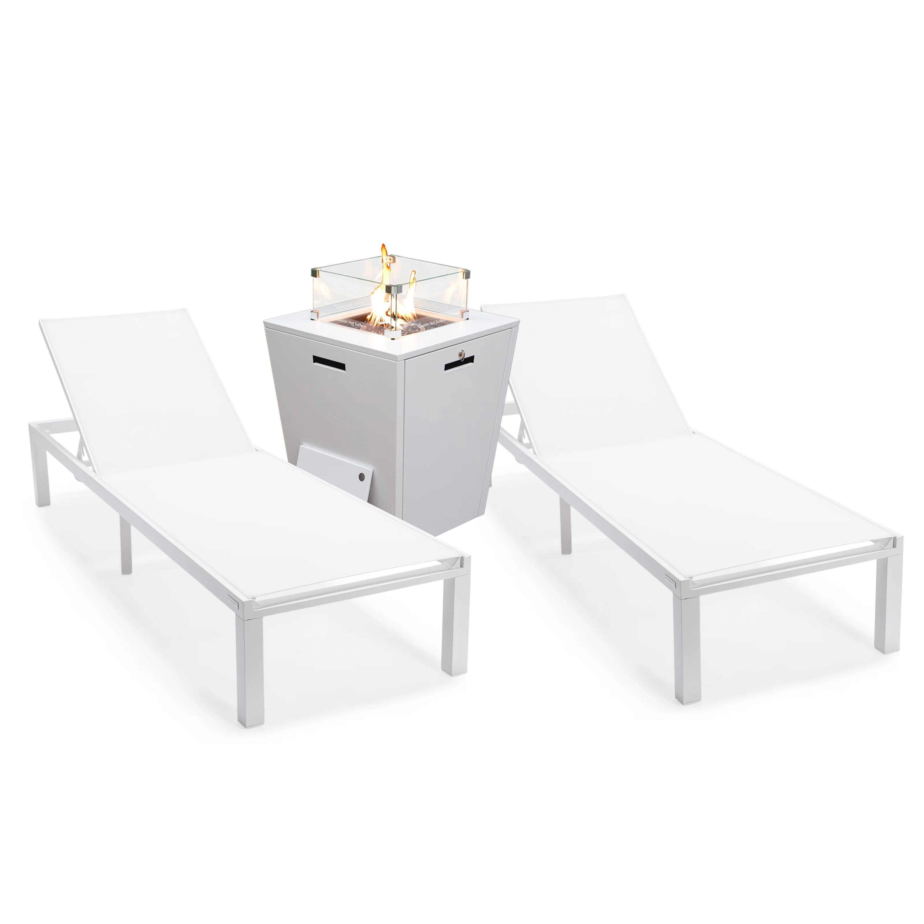 Marlin Modern Aluminum Outdoor Patio Chaise Lounge Chair Set of 2 with Square Fire Pit Side Table Perfect for Patio, Lawn, and Garden