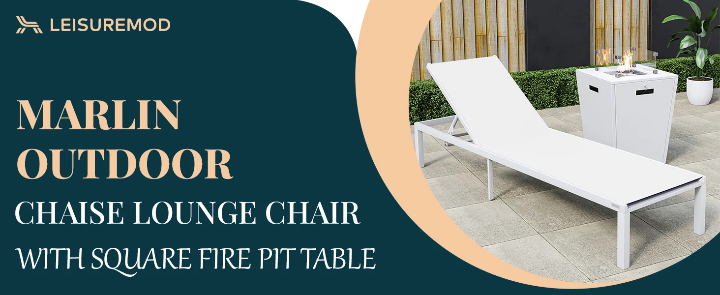 Marlin Modern Aluminum Outdoor Patio Chaise Lounge Chair Set of 2 with Square Fire Pit Side Table Perfect for Patio, Lawn, and Garden