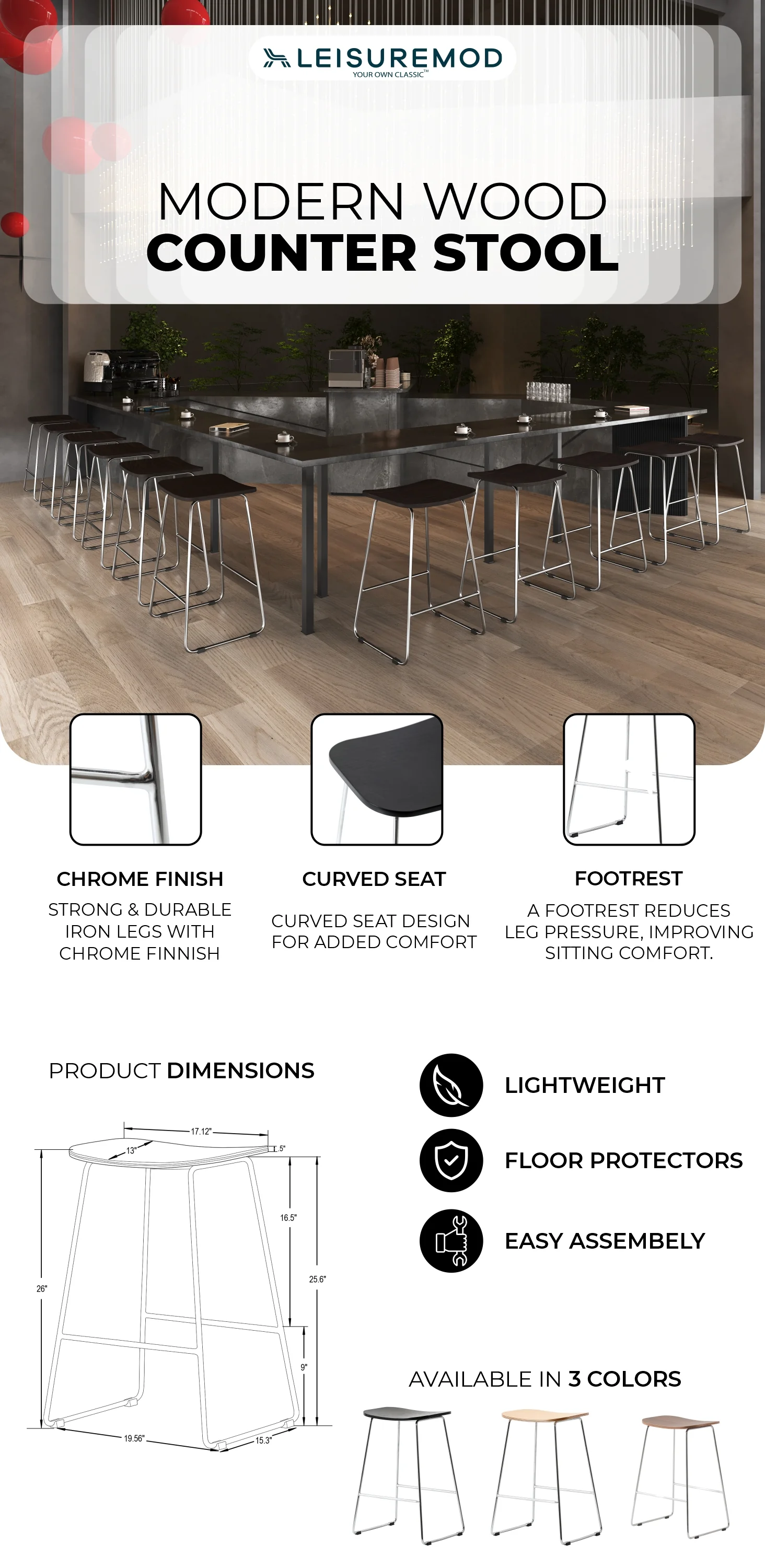 Melrose Modern Wood Counter Stool With Chrome Frame