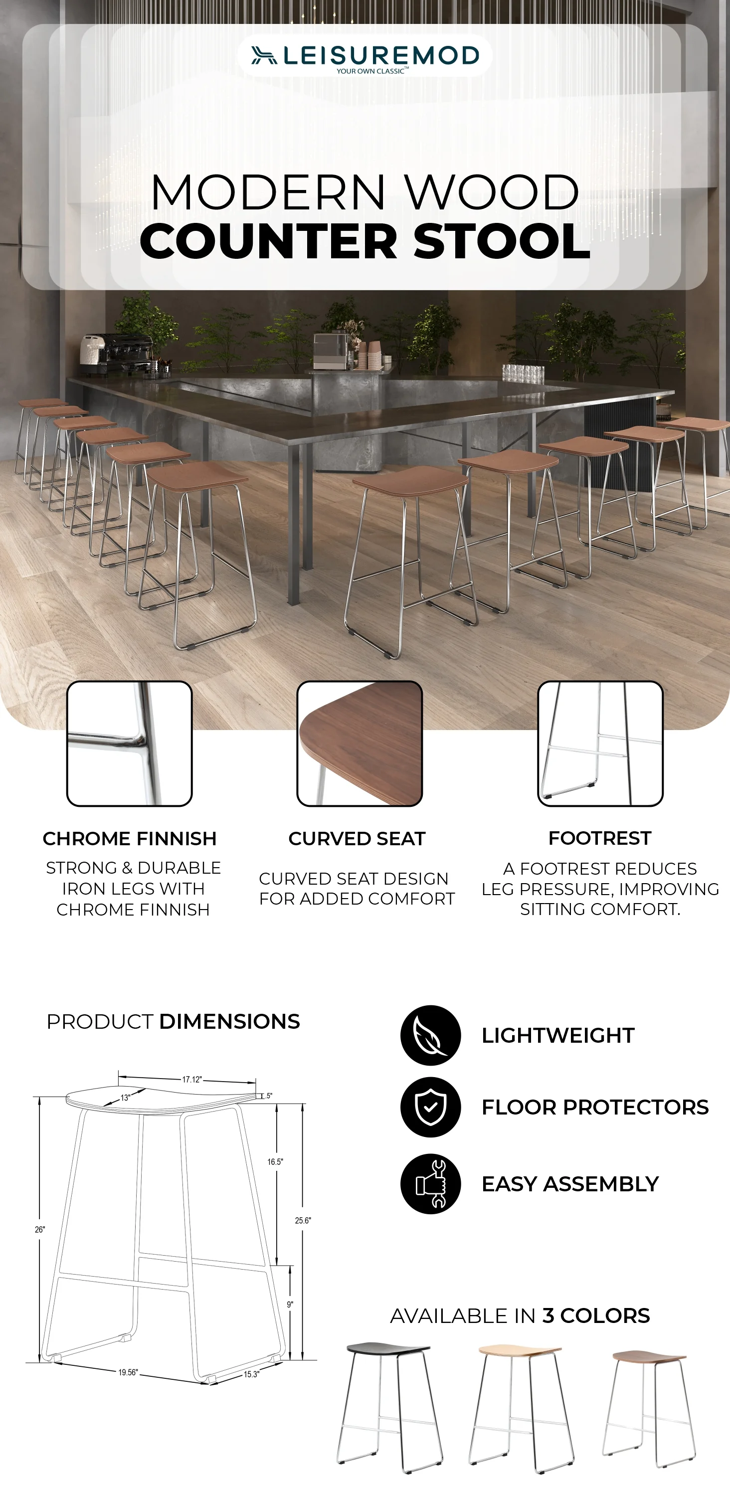 Melrose Modern Wood Counter Stool With Chrome Frame