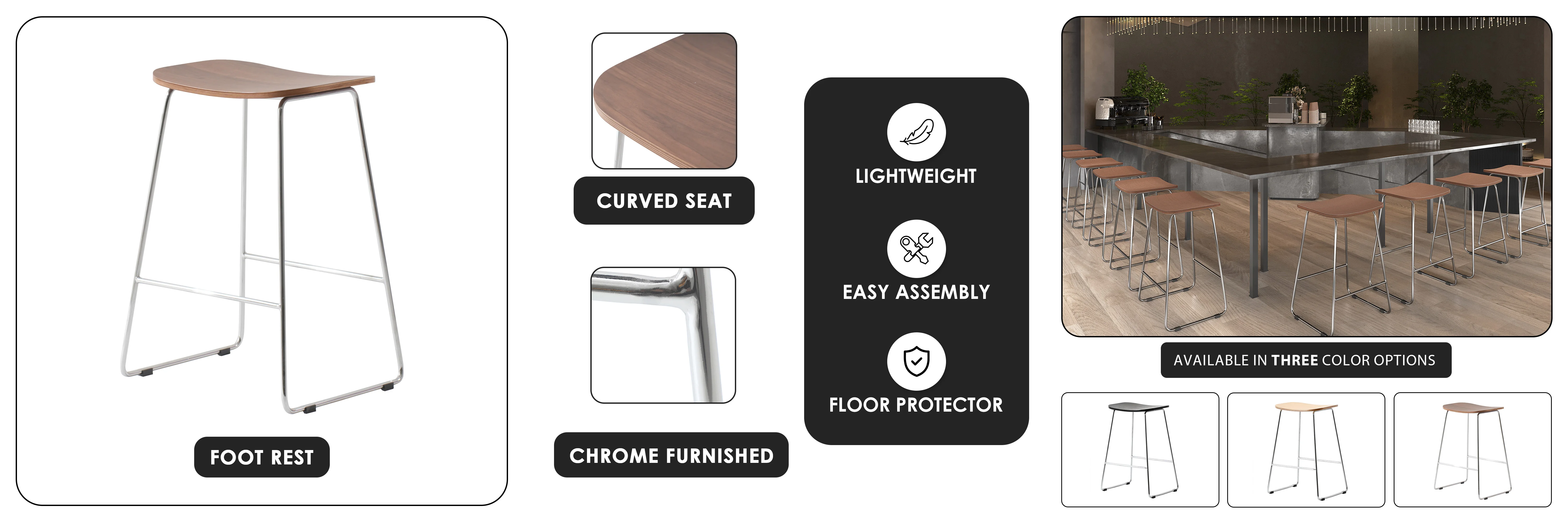 Melrose Modern Wood Counter Stool With Chrome Frame