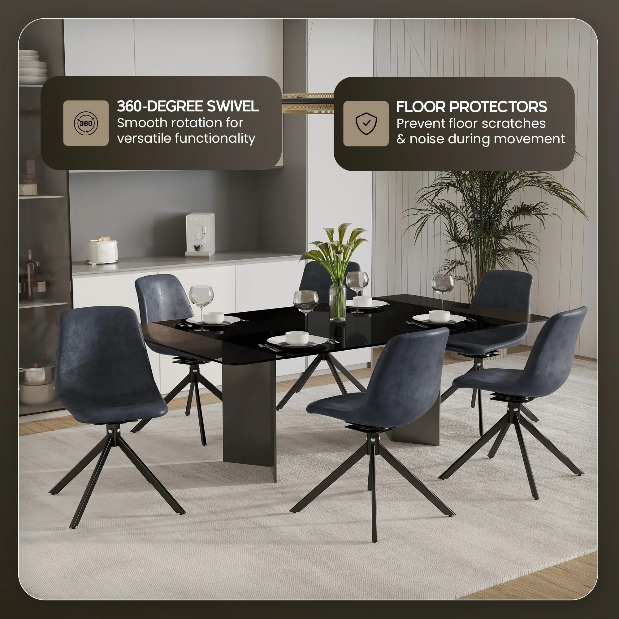 Markley Modern Leather Swival Dining Chair With Metal Legs in Black