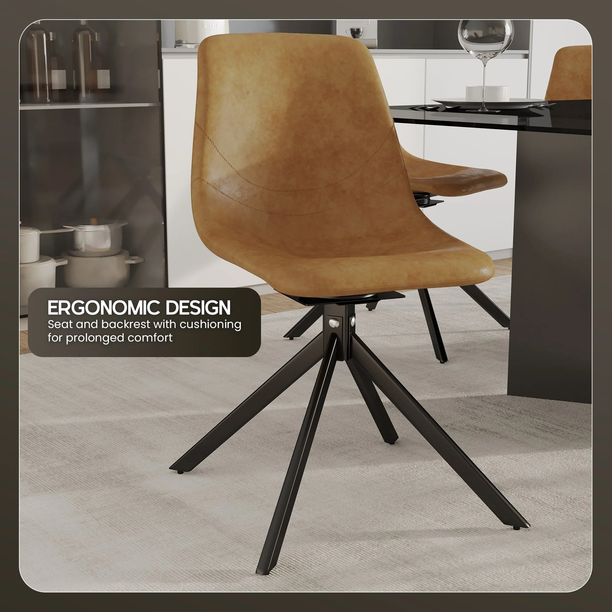 Markley Modern Leather Swival Dining Chair With Metal Legs in Brown