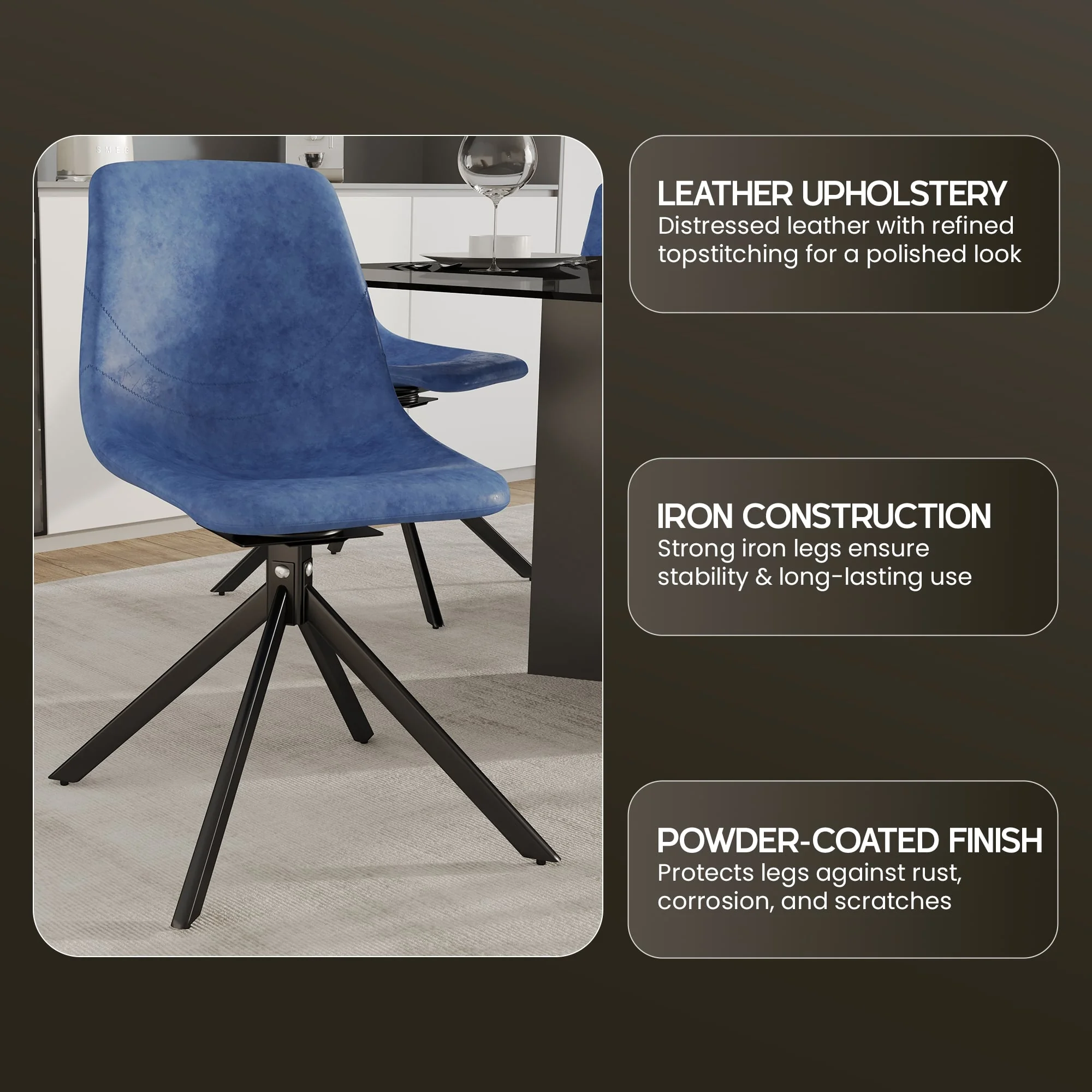 Markley Modern Leather Swival Dining Chair With Metal Legs in Blue